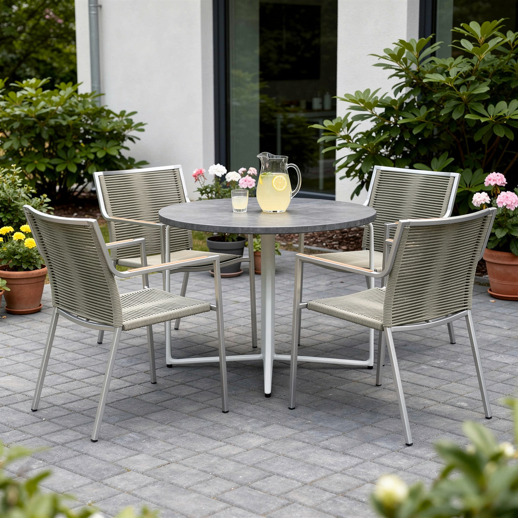 Set of Four Light Brown And Silver Woven Steel Outdoor Arm Chairs Homeroots Outdoor