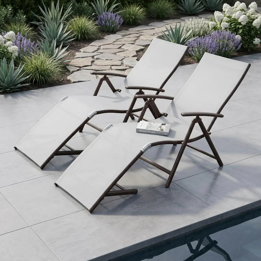 Set of Four Light Gray Steel Outdoor Folding Chaise Lounges Homeroots Outdoor