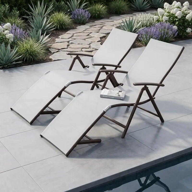Set of Four Light Gray Steel Outdoor Folding Chaise Lounges Homeroots Outdoor