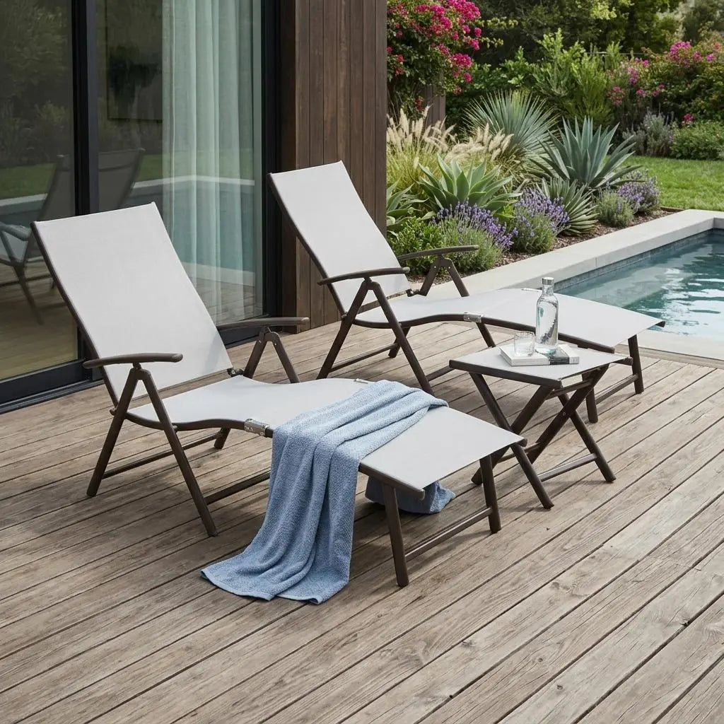 Set of Four Light Gray Steel Outdoor Folding Chaise Lounges Homeroots Outdoor