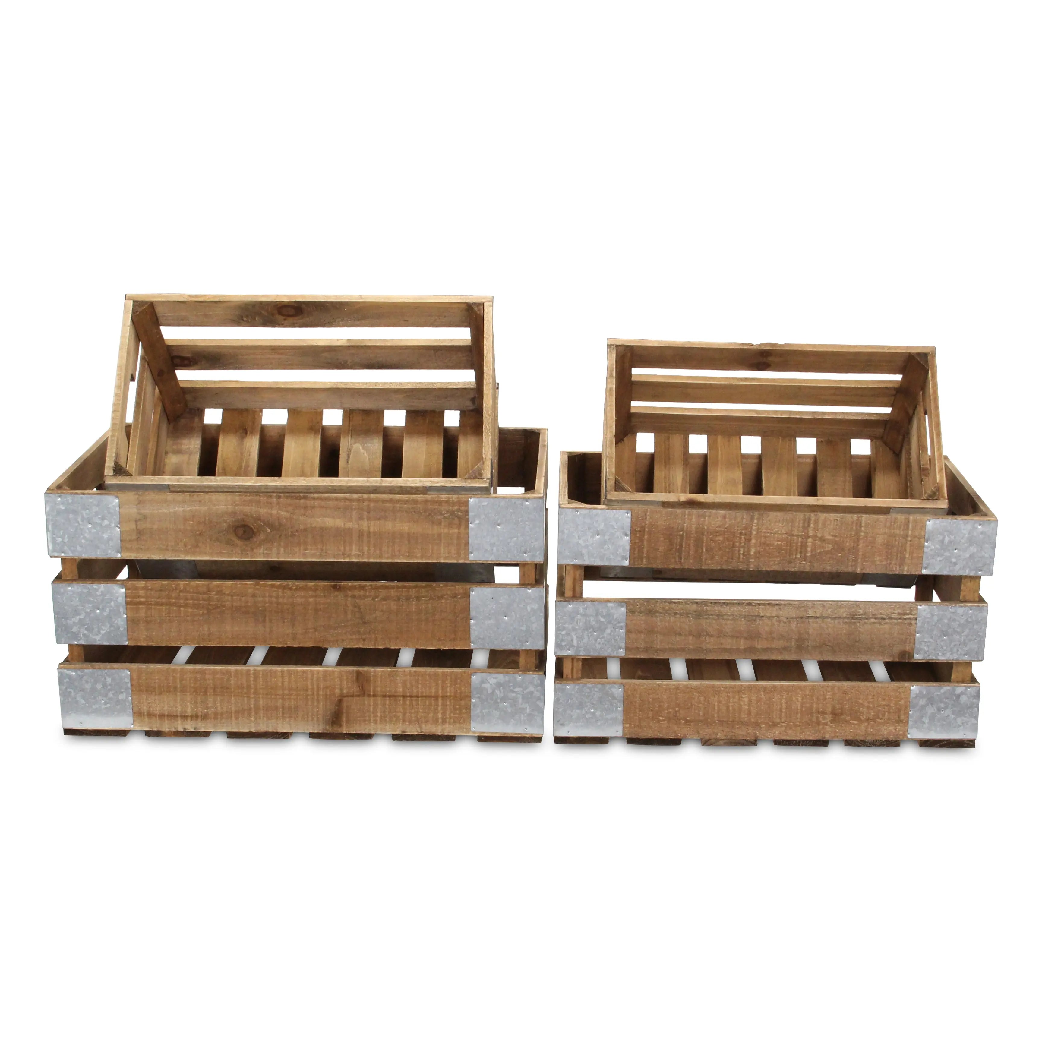 Set of Four Natural Nesting Solid Wood And Metal Crate Homeroots Office