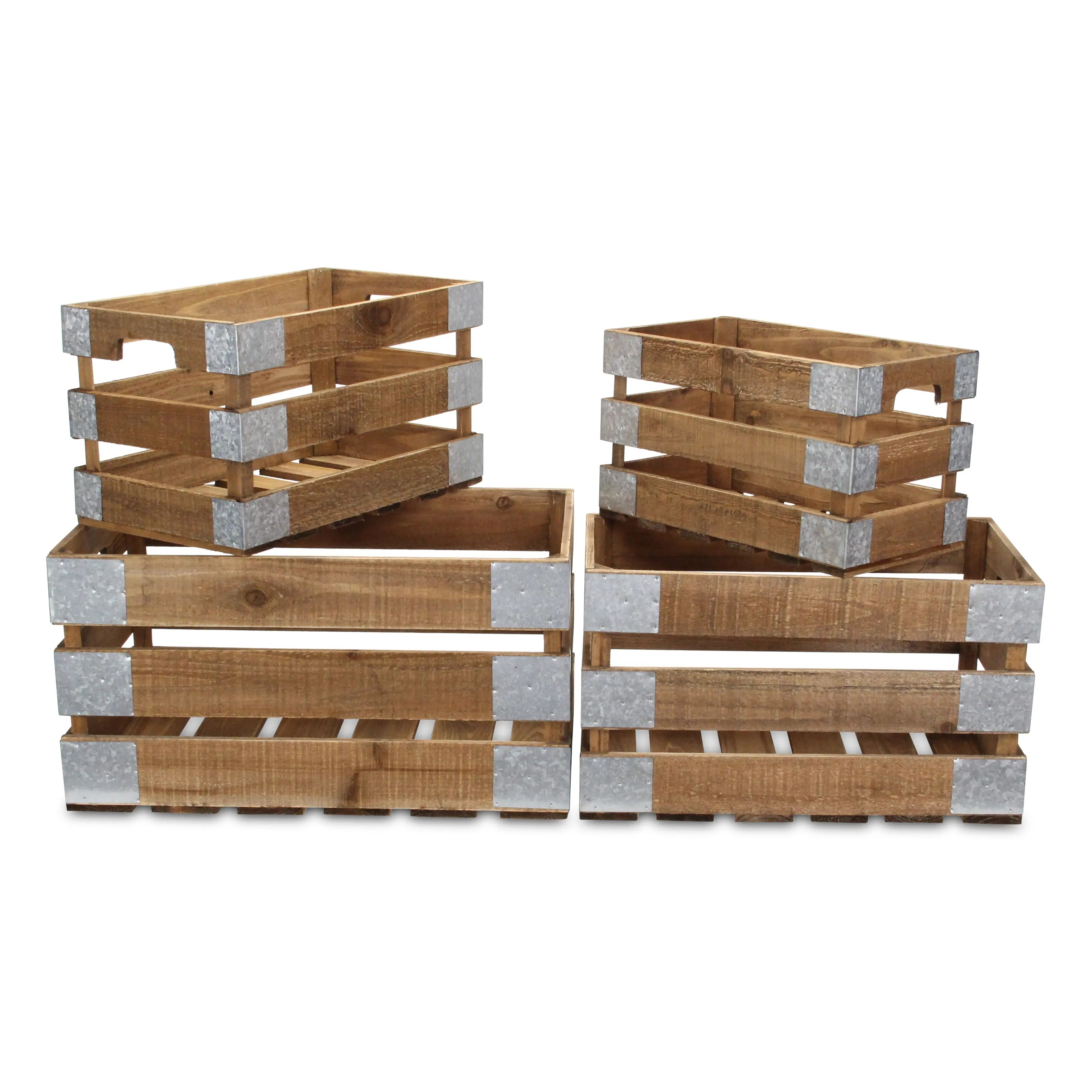 Set of Four Natural Nesting Solid Wood And Metal Crate Homeroots Office