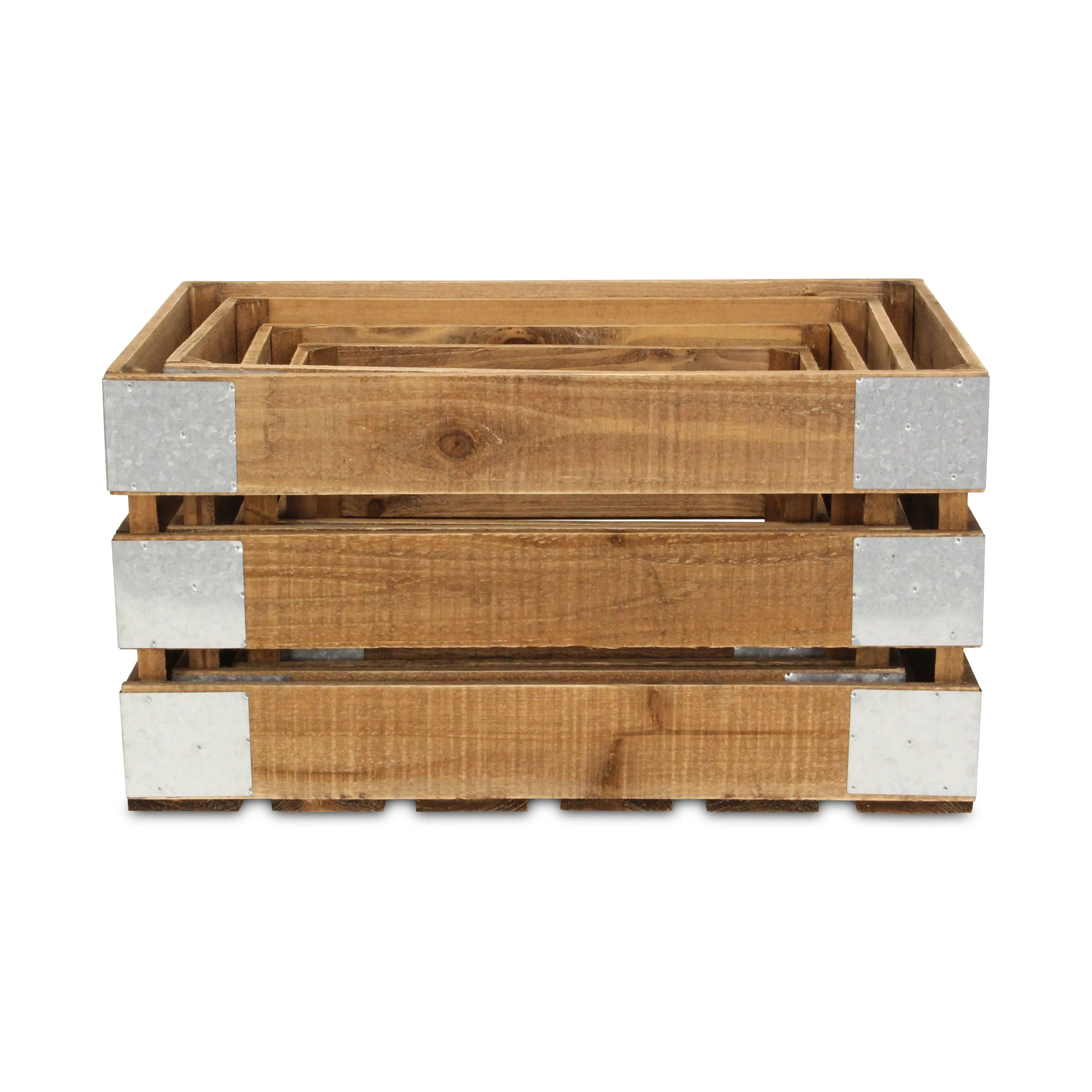 Set of Four Natural Nesting Solid Wood And Metal Crate Homeroots Office