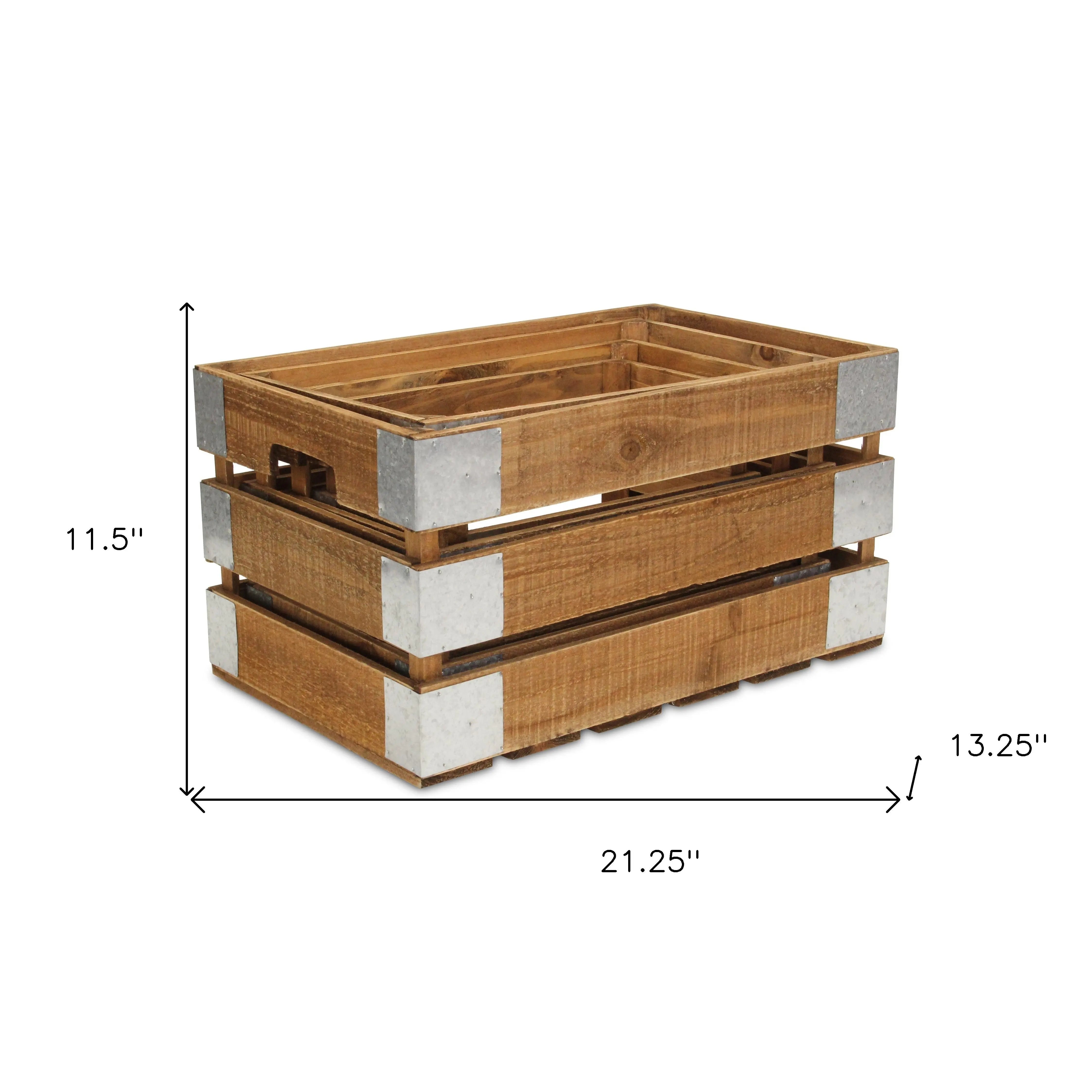 Set of Four Natural Nesting Solid Wood And Metal Crate Homeroots Office