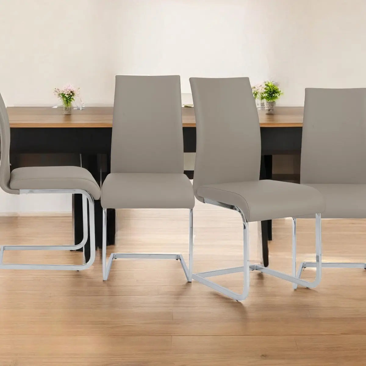 Set of Four Taupe and Silver Upholstered Leather Dining Side Chairs Homeroots Kitchen & Dining
