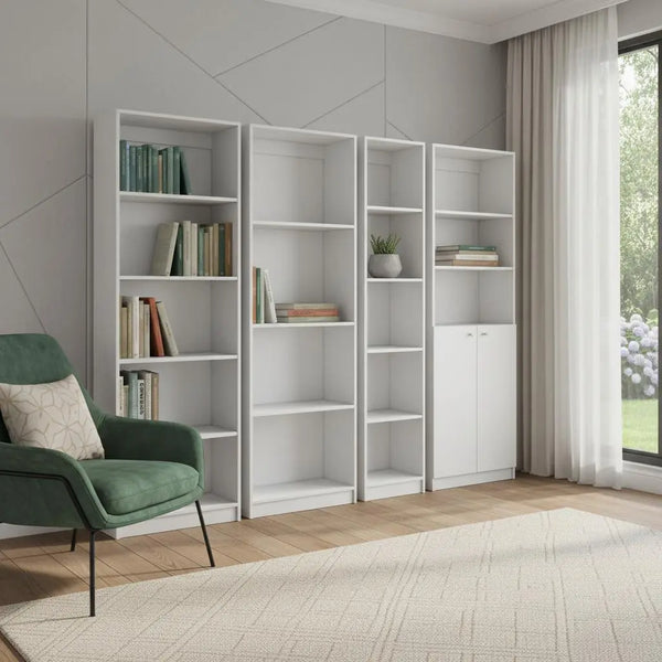 Set of Four White Wood Seventeen Tier Modular Bookcase with Two Doors Homeroots Office