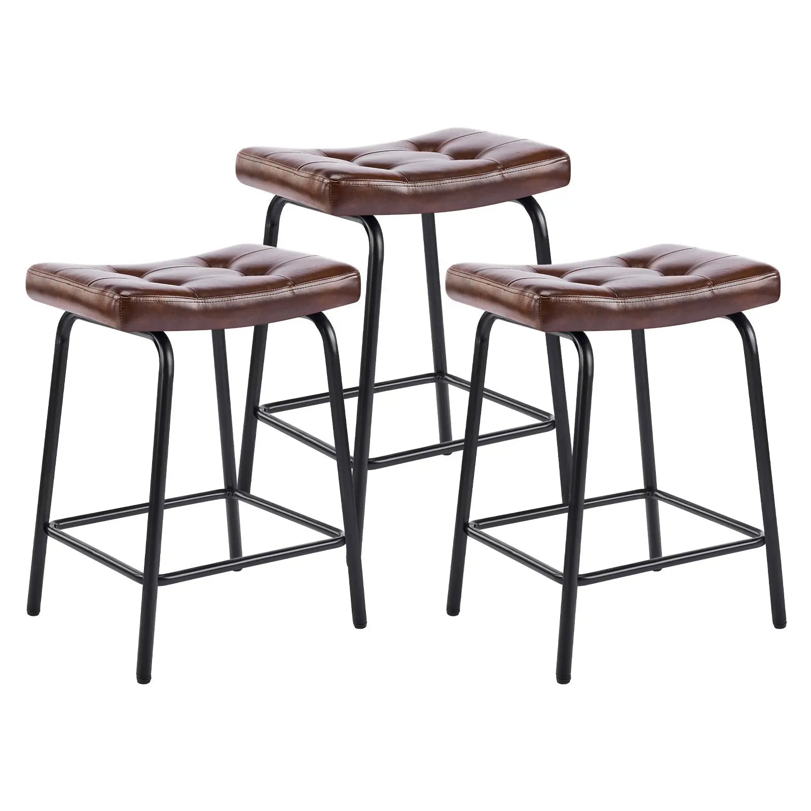 Set of Three 23" Brown and Black Faux Leather and Metal Counter Height Bar Chairs Homeroots Living Room