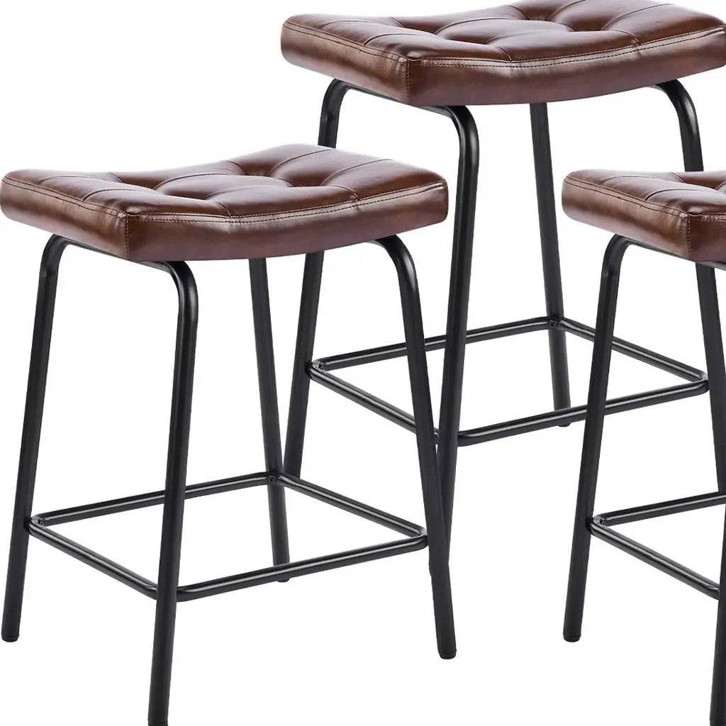 Set of Three 23" Brown and Black Faux Leather and Metal Counter Height Bar Chairs Homeroots Living Room
