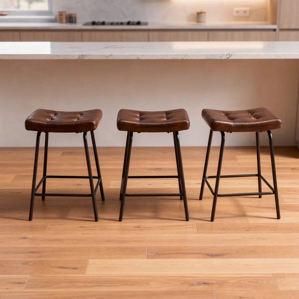 Set of Three 23" Brown and Black Faux Leather and Metal Counter Height Bar Chairs Homeroots Living Room