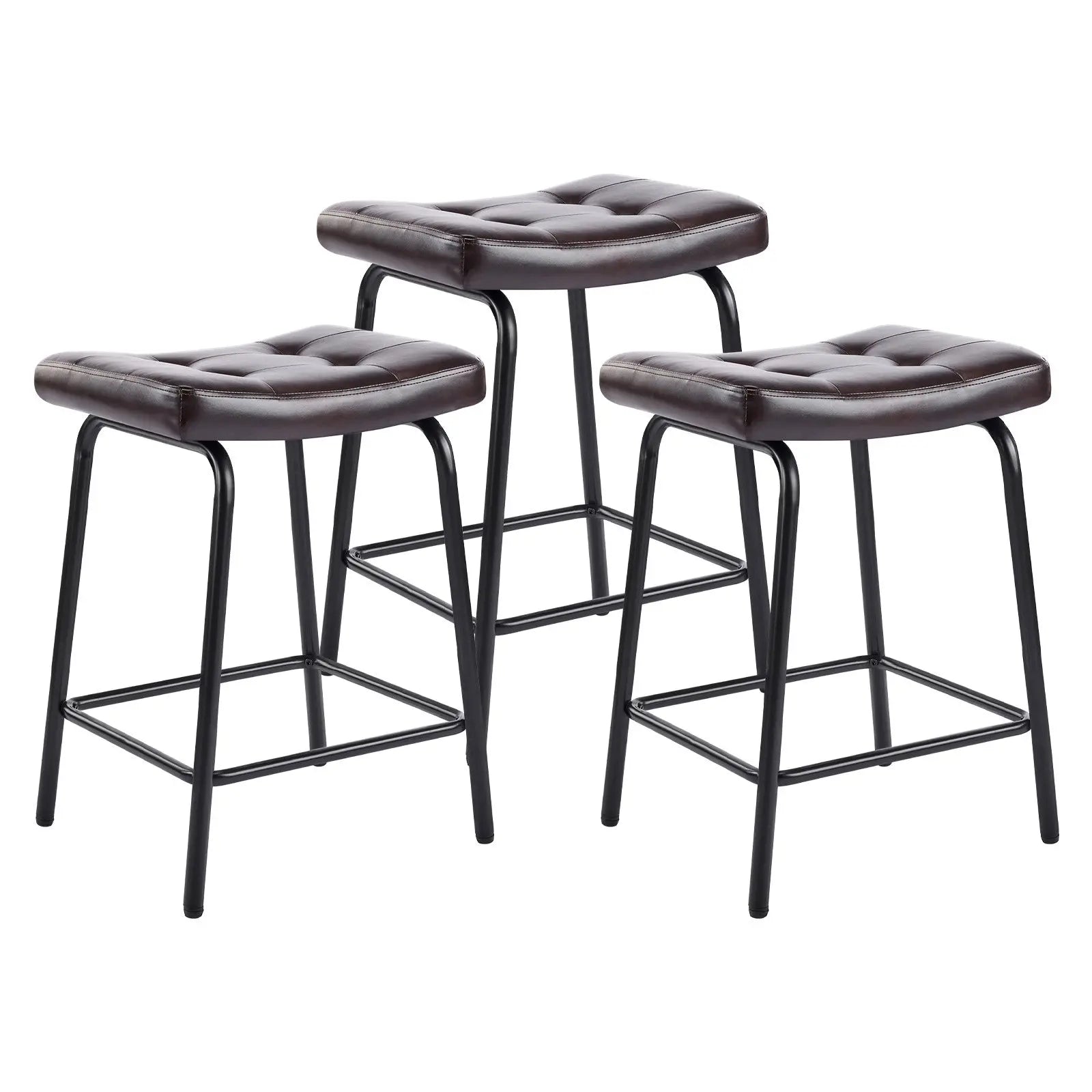 Set of Three 23" Dark Brown and Black Faux Leather and Metal Counter Height Bar Chairs Homeroots Living Room