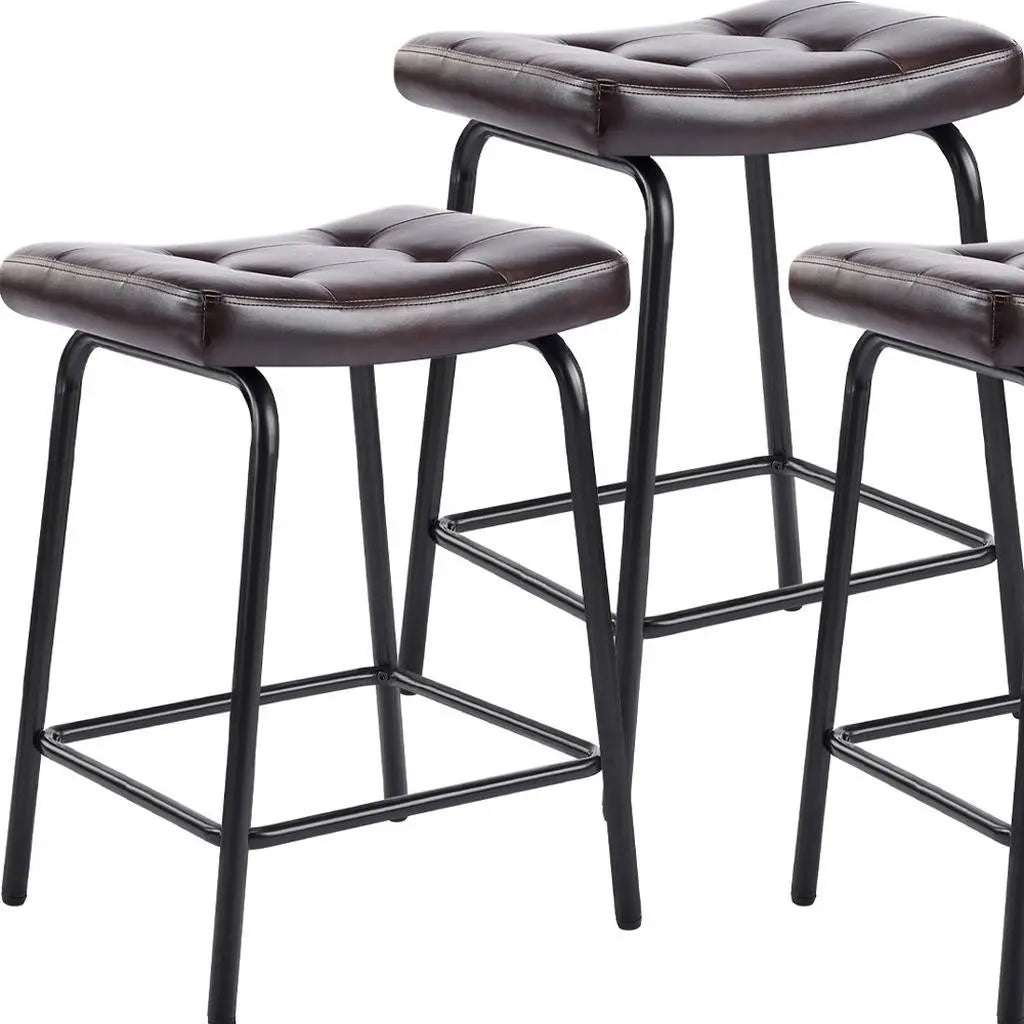 Set of Three 23" Dark Brown and Black Faux Leather and Metal Counter Height Bar Chairs Homeroots Living Room