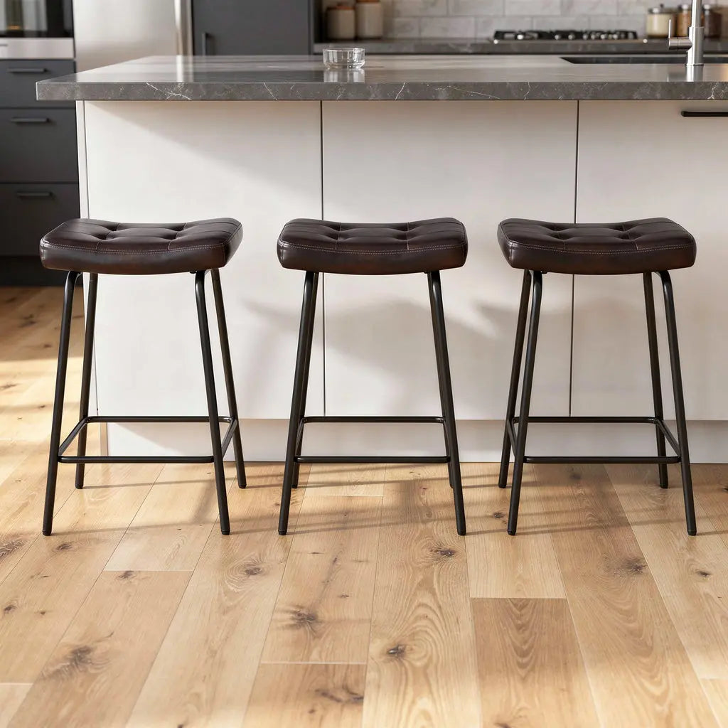 Set of Three 23" Dark Brown and Black Faux Leather and Metal Counter Height Bar Chairs Homeroots Living Room