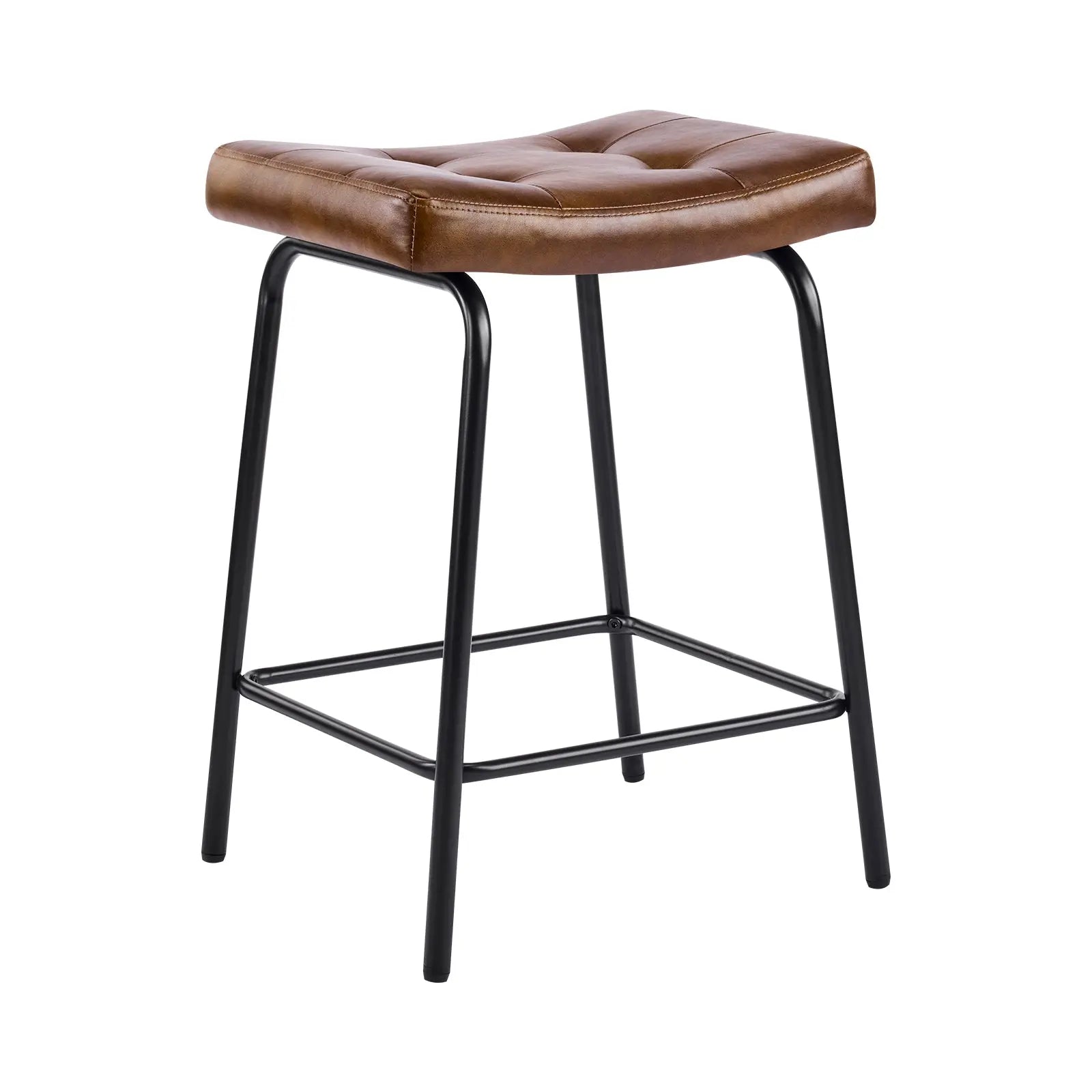 Set of Three 23" Light Brown and Black Faux Leather and Metal Counter Height Bar Chairs Homeroots Living Room