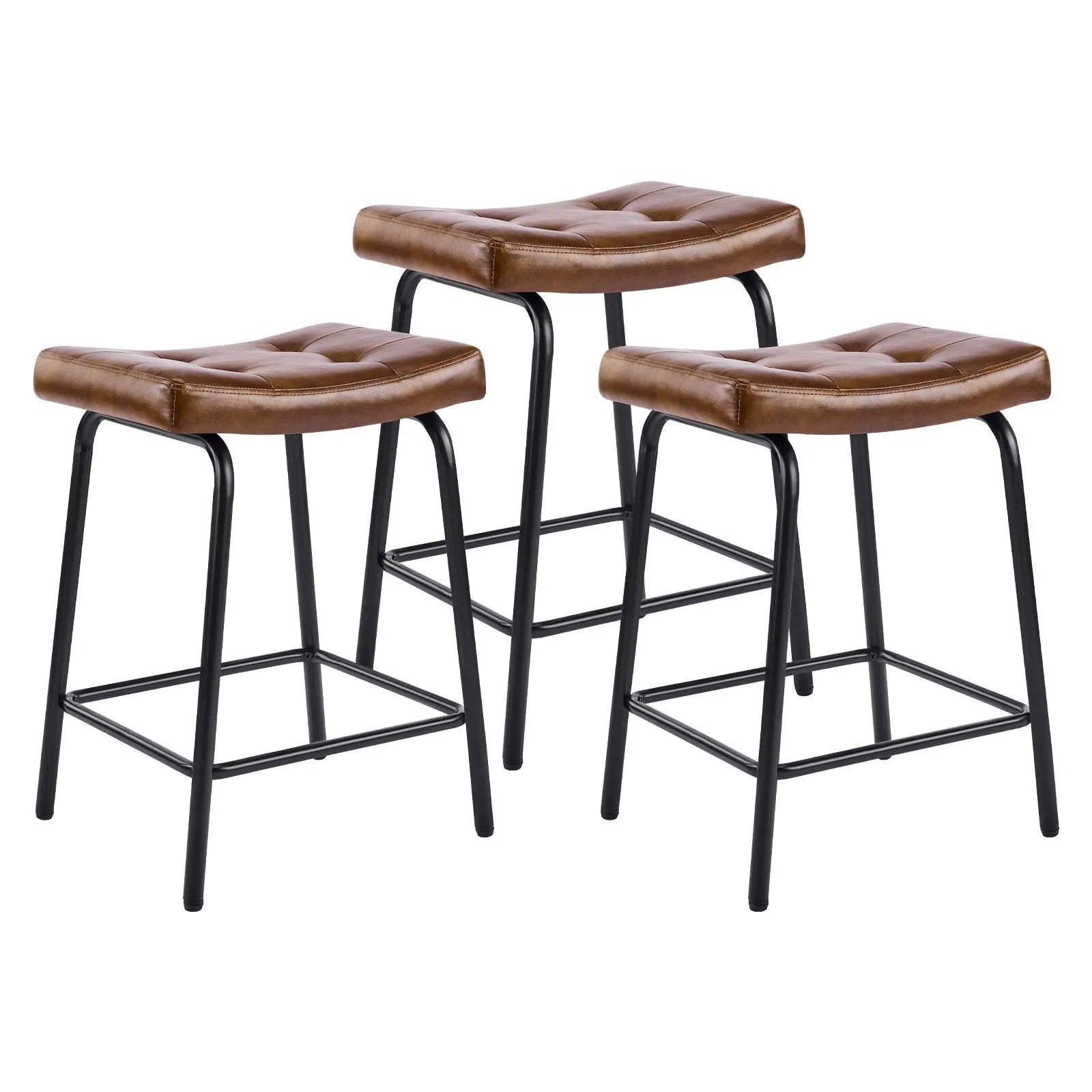 Set of Three 23" Light Brown and Black Faux Leather and Metal Counter Height Bar Chairs Homeroots Living Room