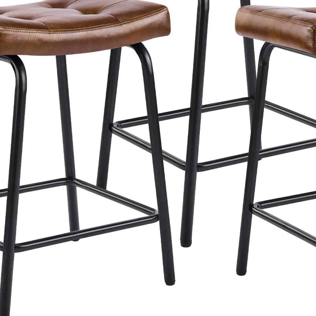Set of Three 23" Light Brown and Black Faux Leather and Metal Counter Height Bar Chairs Homeroots Living Room
