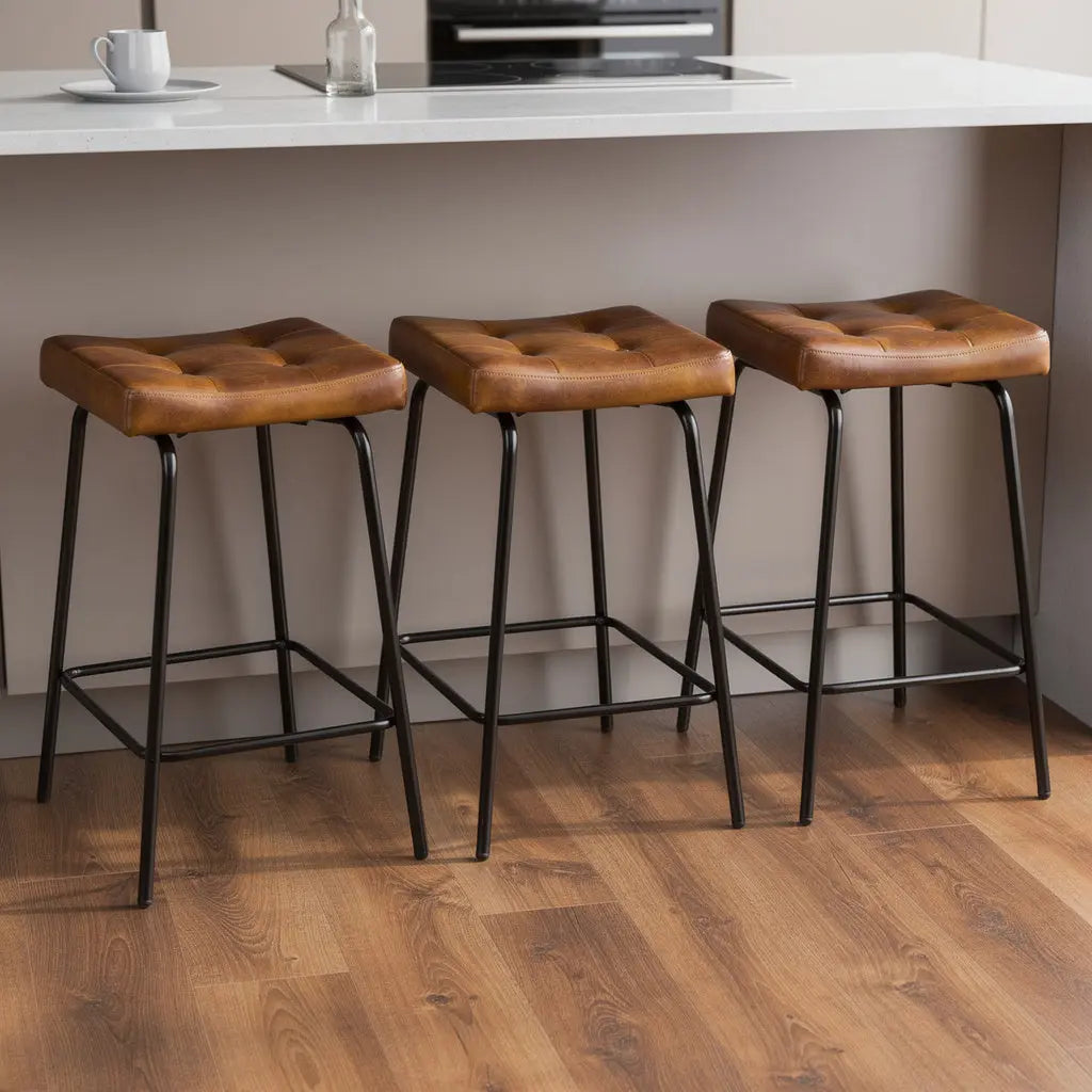 Set of Three 23" Light Brown and Black Faux Leather and Metal Counter Height Bar Chairs Homeroots Living Room
