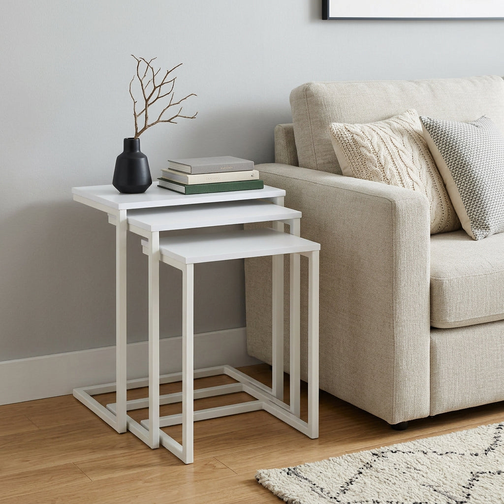 Set of Three 24" White Solid Wood And Steel Nested End Tables Homeroots Living Room
