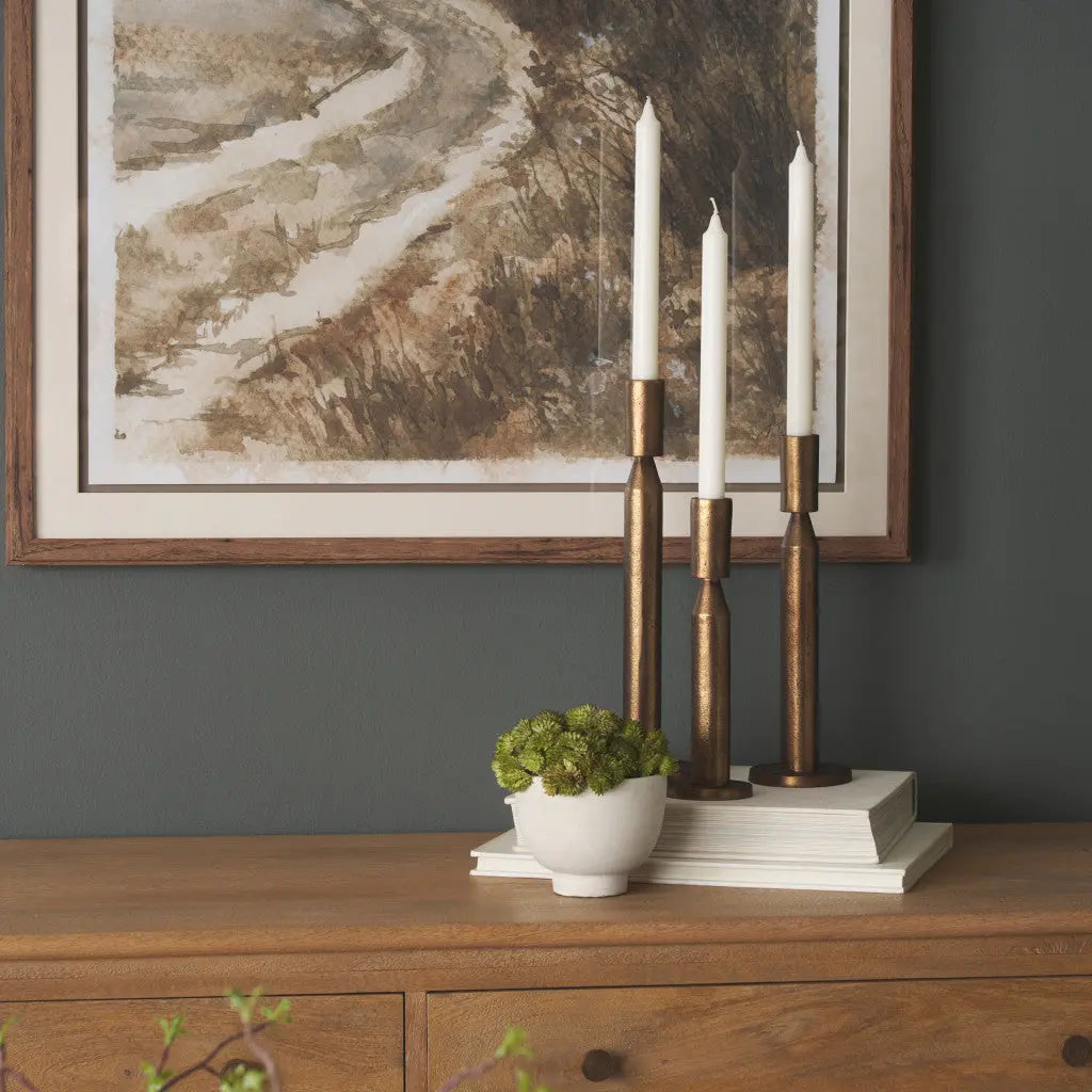 Set of Three Antiqued Brass Metal Tabletop Taper Candlesticks Homeroots Home Decor