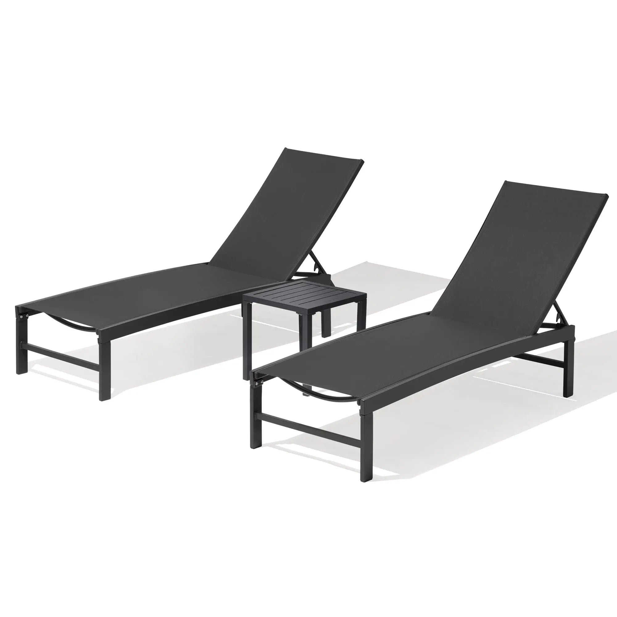 Set of Three Black Aluminum Six Position Adjustable Outdoor Chaise Lounges Homeroots Outdoor