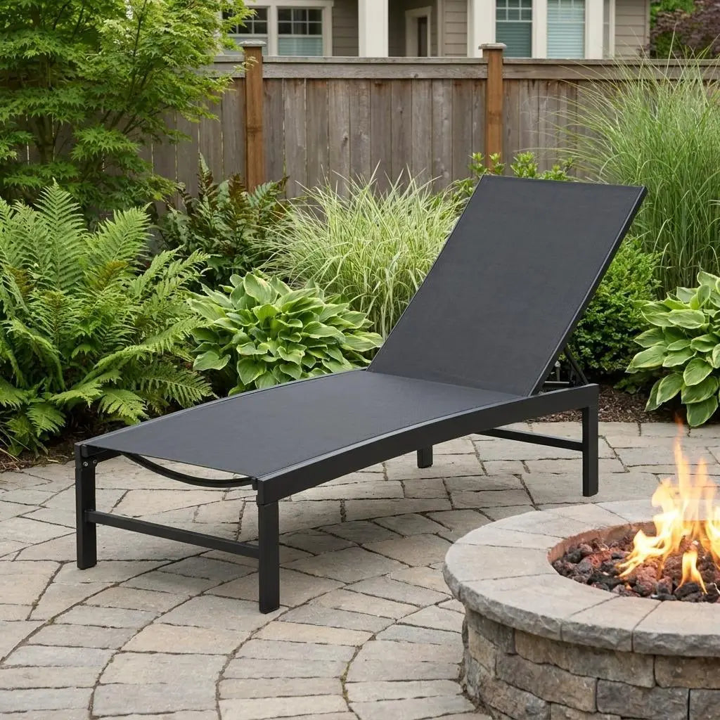 Set of Three Black Aluminum Six Position Adjustable Outdoor Chaise Lounges Homeroots Outdoor