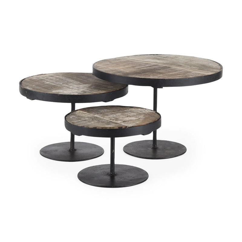 Set of Three Black And Light Brown Iron And Solid Wood Round Risers Homeroots Kitchen & Dining