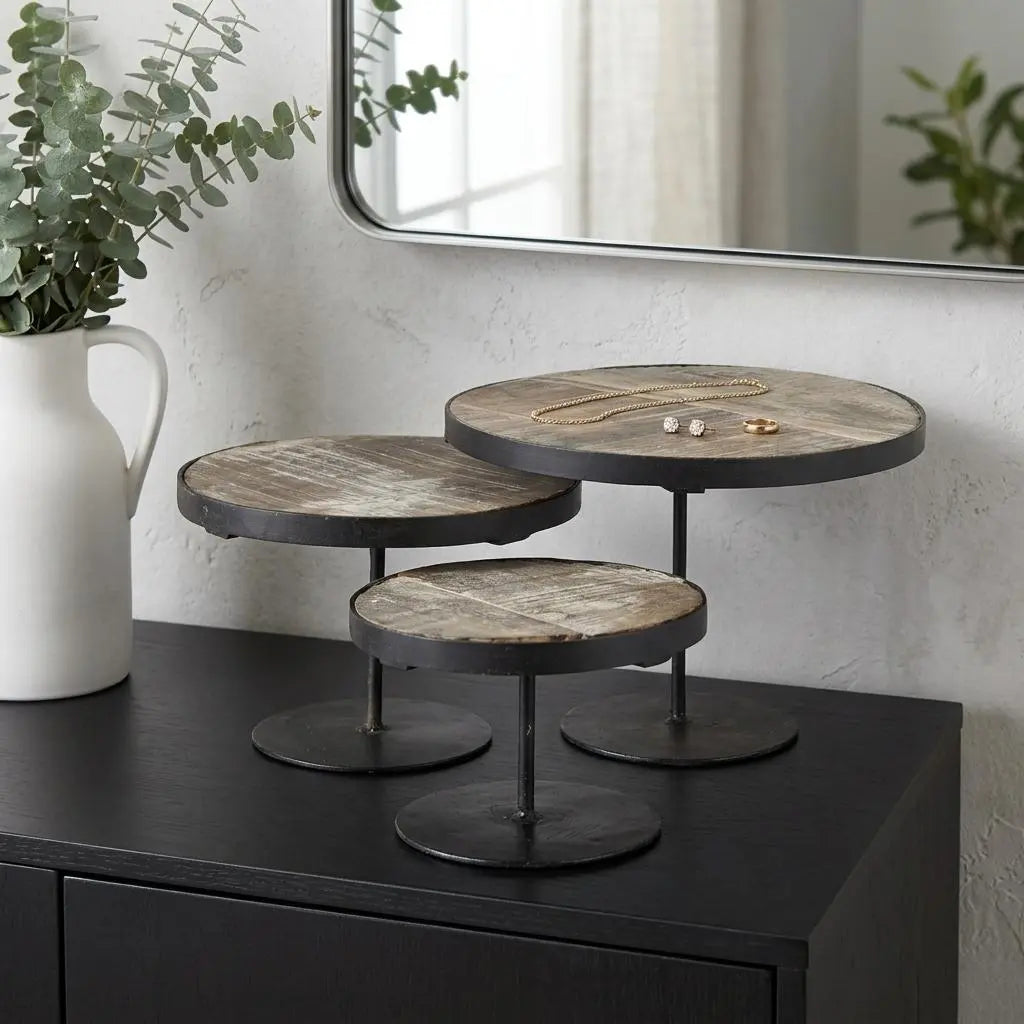 Set of Three Black And Light Brown Iron And Solid Wood Round Risers Homeroots Kitchen & Dining