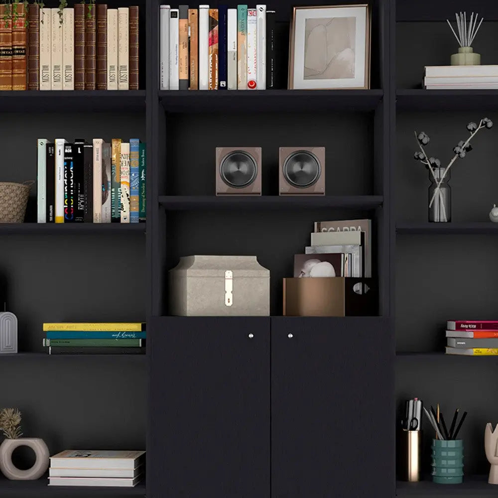 Set of Three Black Five Tier Bookcase with Two Doors - GreatEagleInc