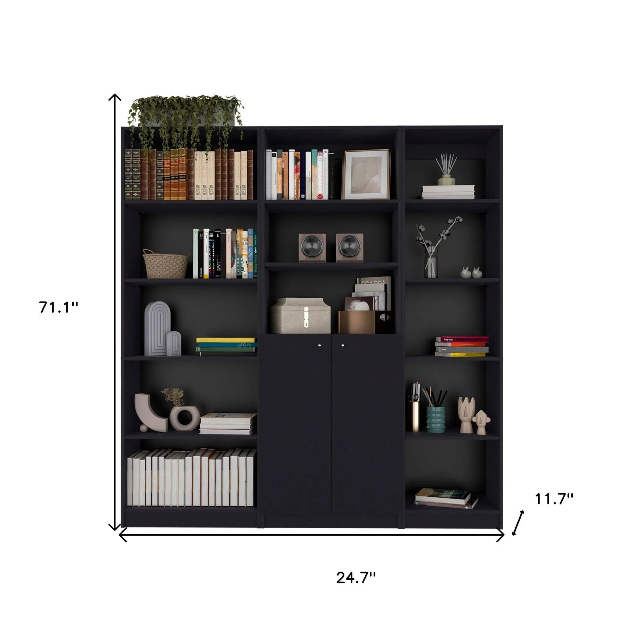Set of Three Black Five Tier Bookcase with Two Doors - GreatEagleInc