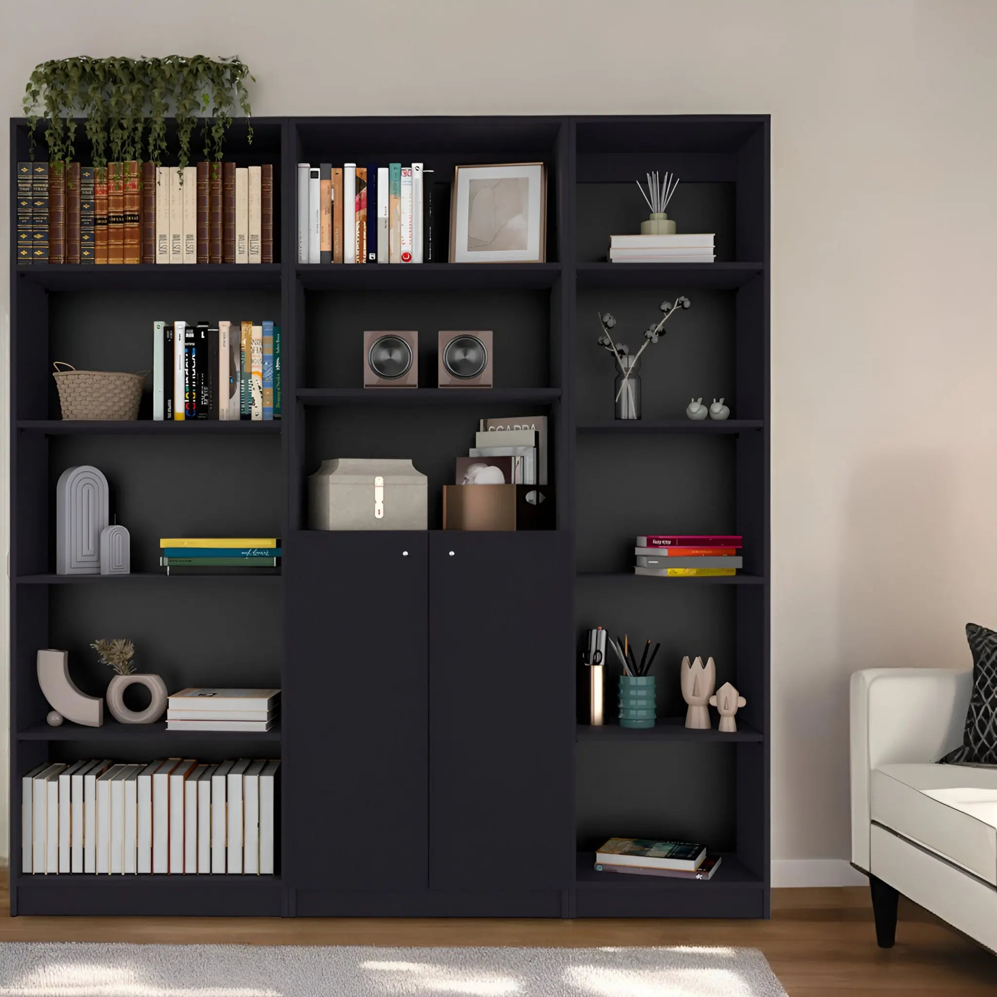 Set of Three Black Five Tier Bookcase with Two Doors - GreatEagleInc