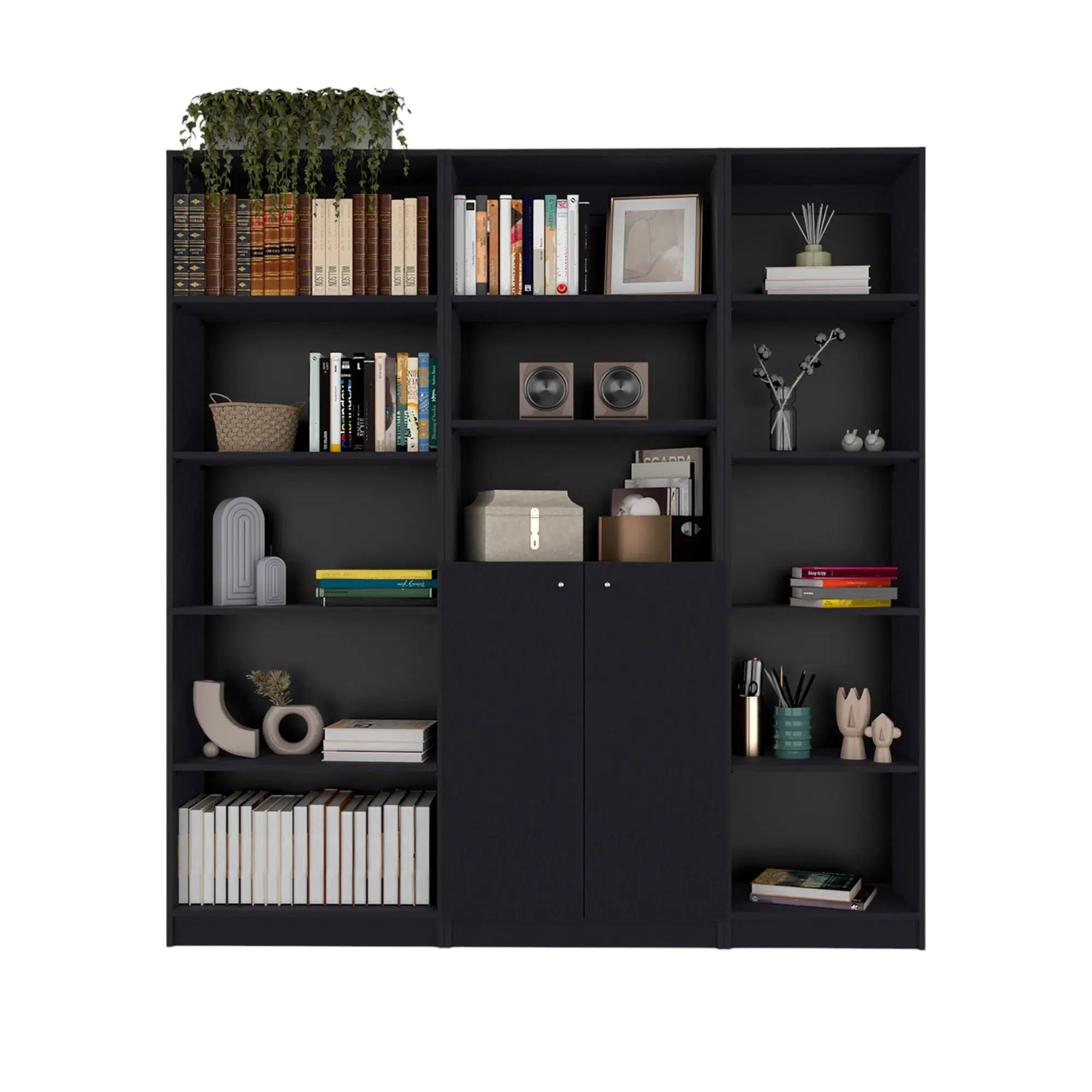Set of Three Black Five Tier Bookcase with Two Doors - GreatEagleInc
