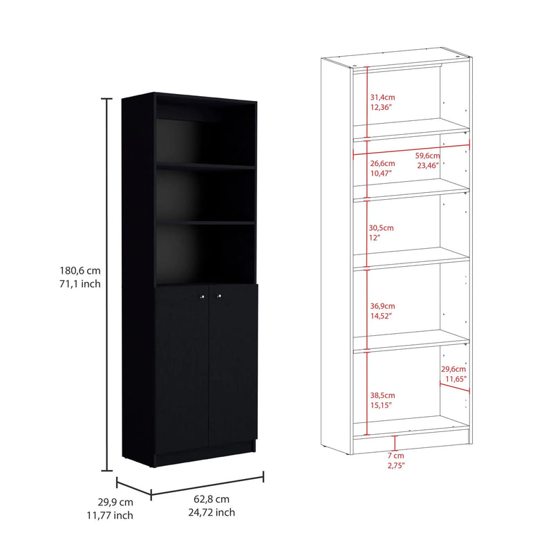 Set of Three Black Five Tier Bookcases with Two Doors - GreatEagleInc