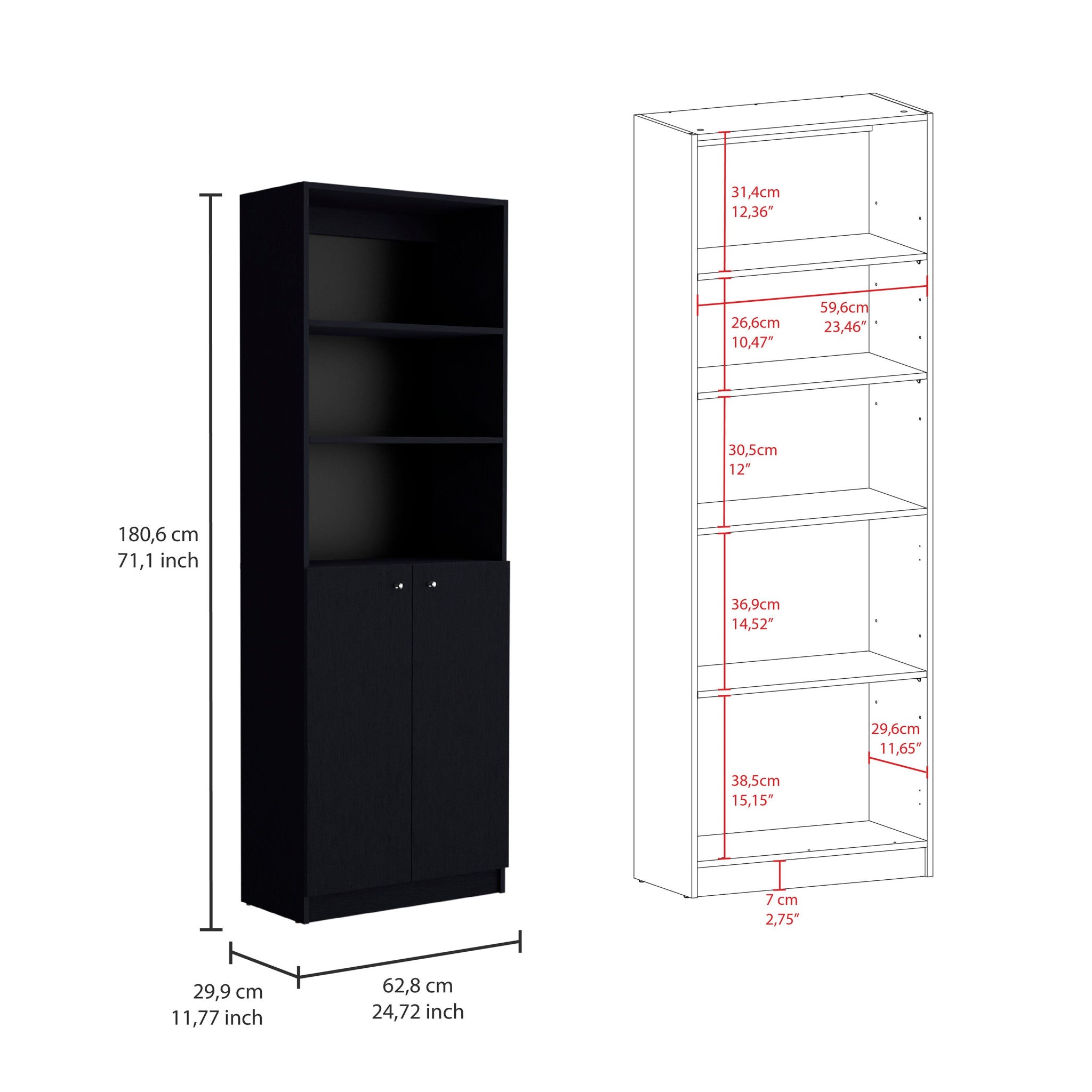 Set of Three Black Five Tier Bookcases with Two Doors - GreatEagleInc