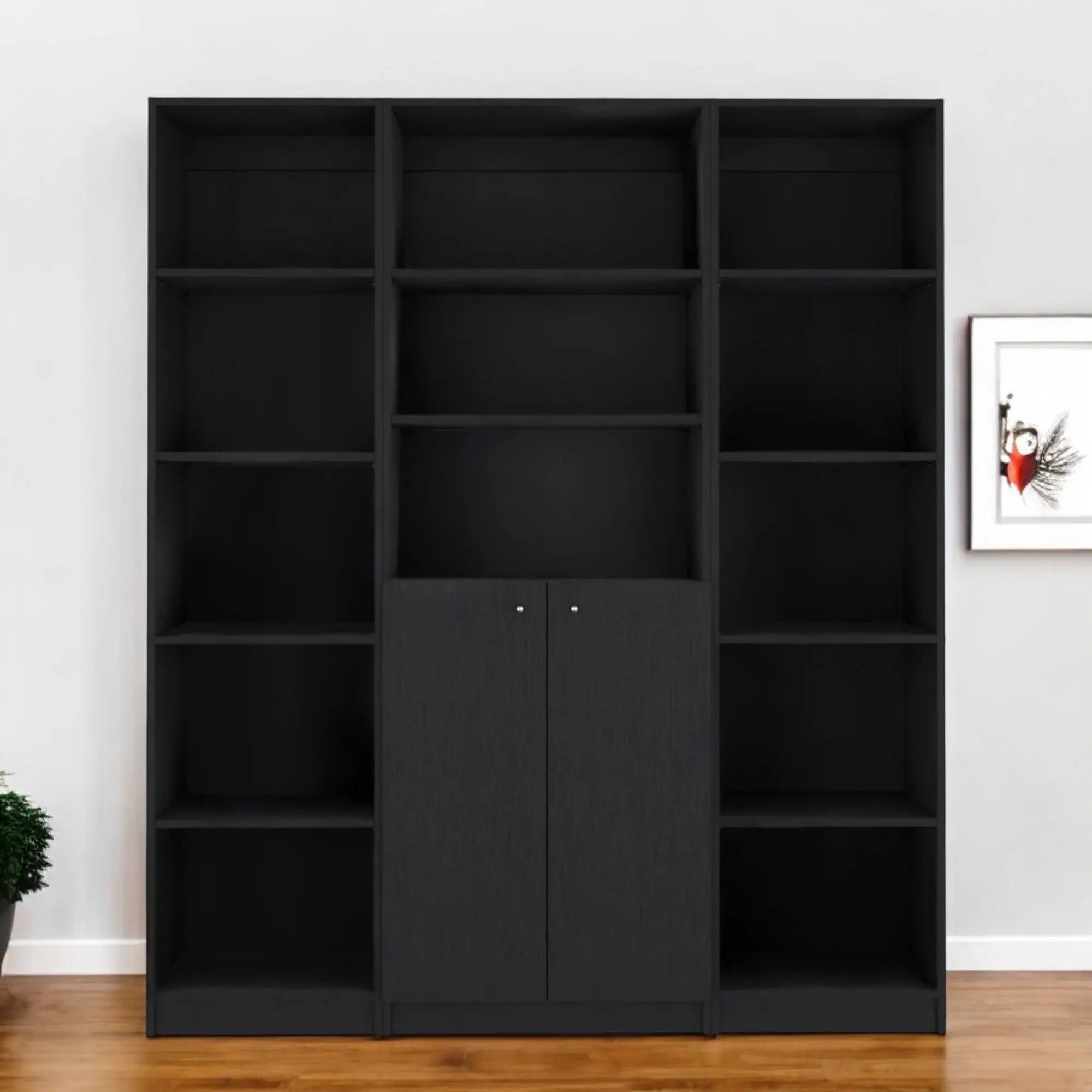 Set of Three Black Five Tier Bookcases with Two Doors - GreatEagleInc