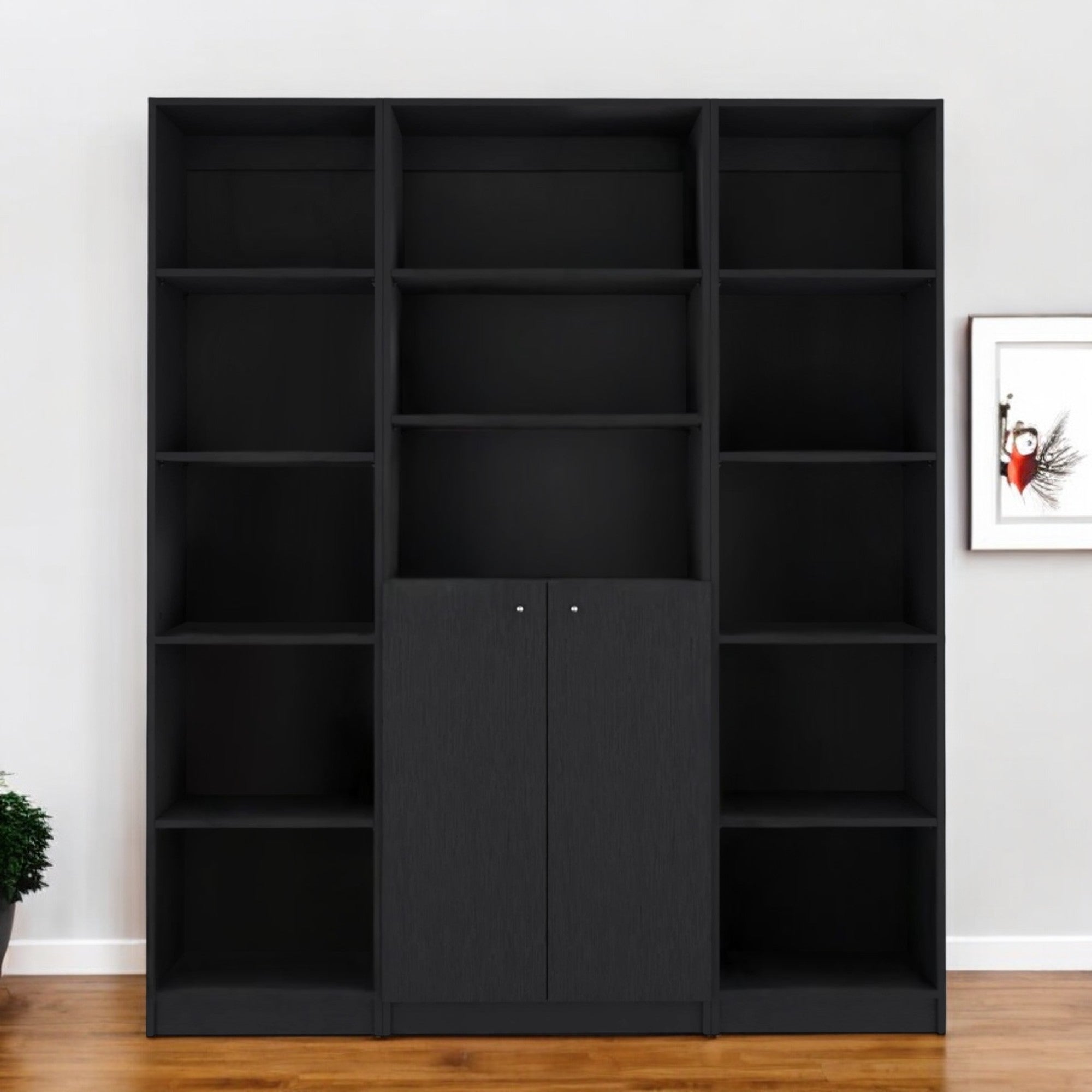 Set of Three Black Five Tier Bookcases with Two Doors - GreatEagleInc
