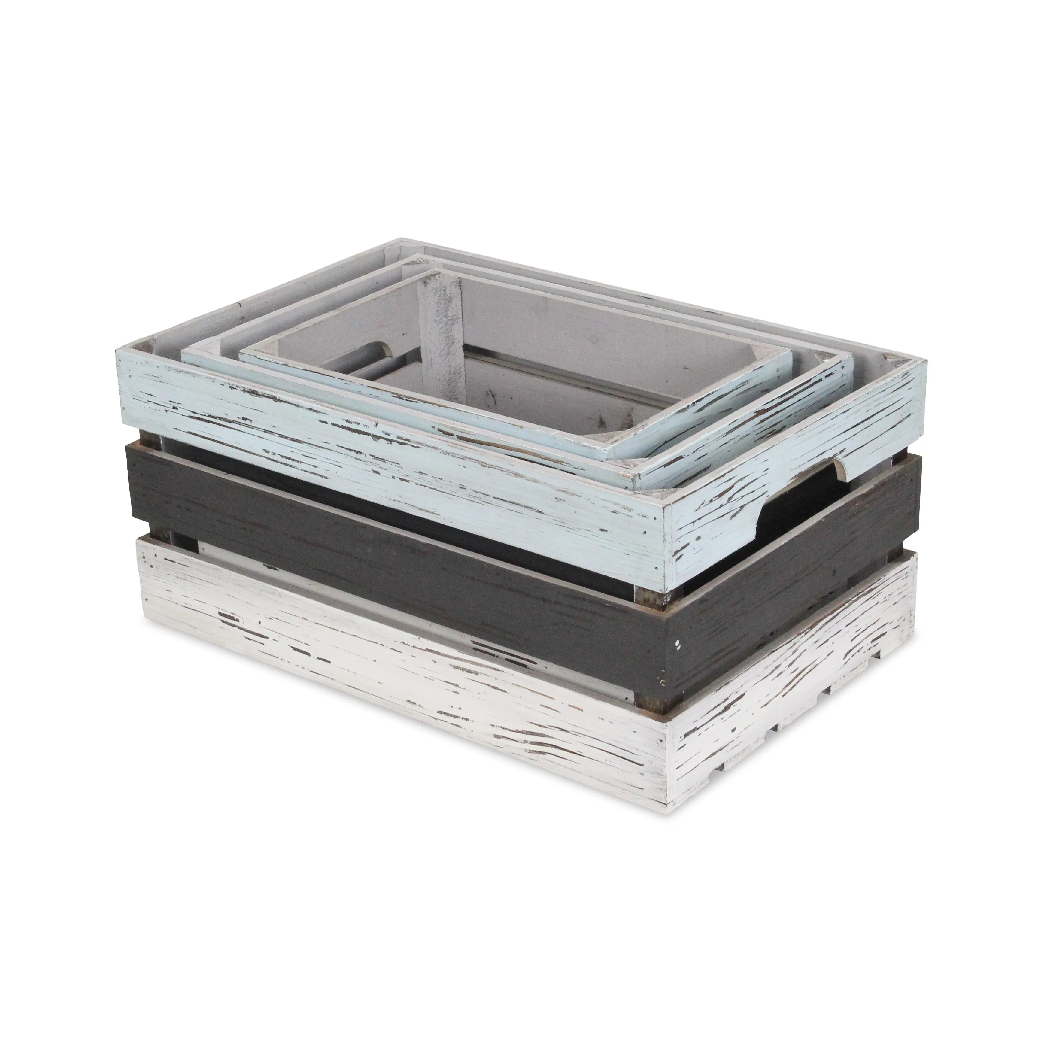 Set of Three Black Light Blue And Off White Nesting Solid Wood Crate Homeroots Office