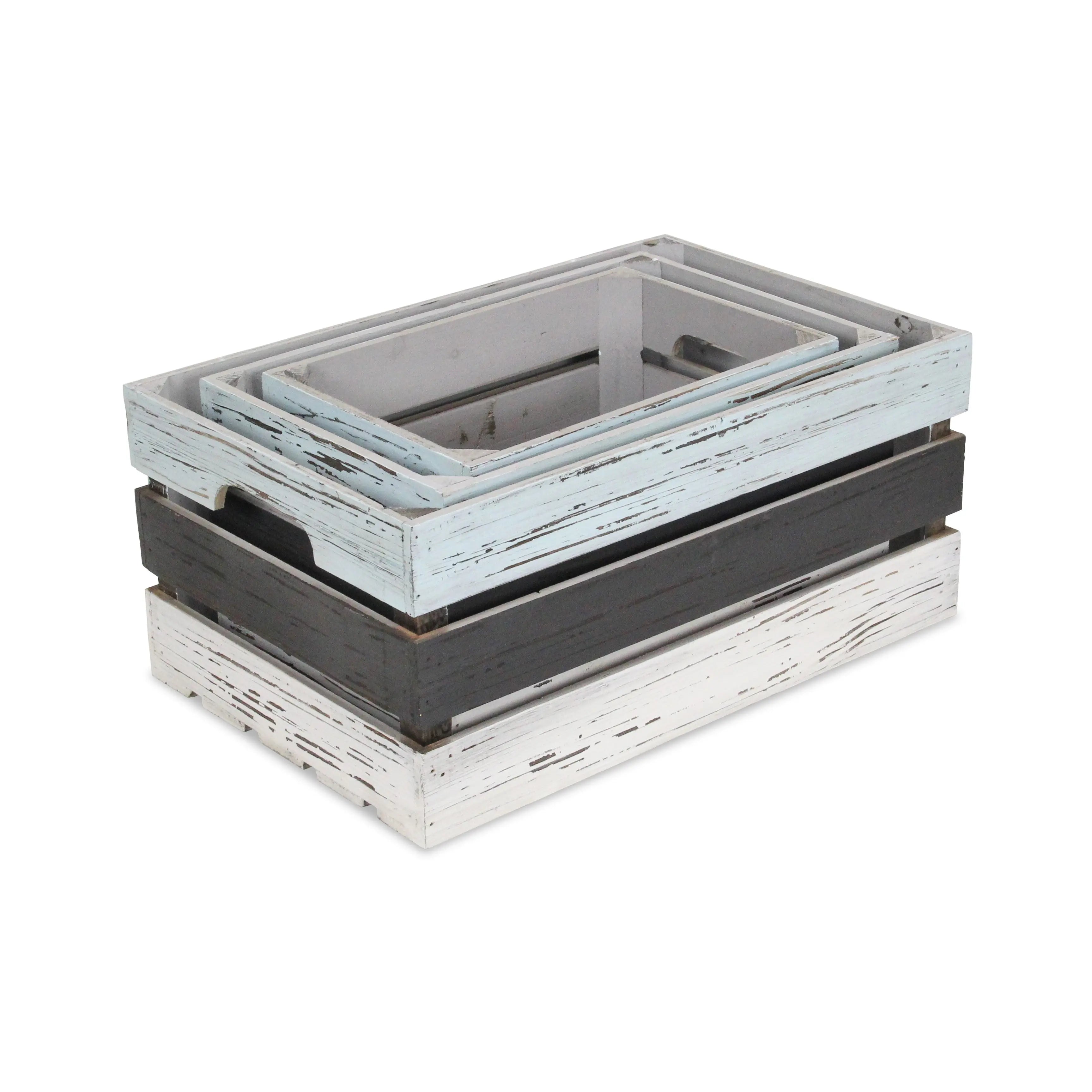 Set of Three Black Light Blue And Off White Nesting Solid Wood Crate Homeroots Office