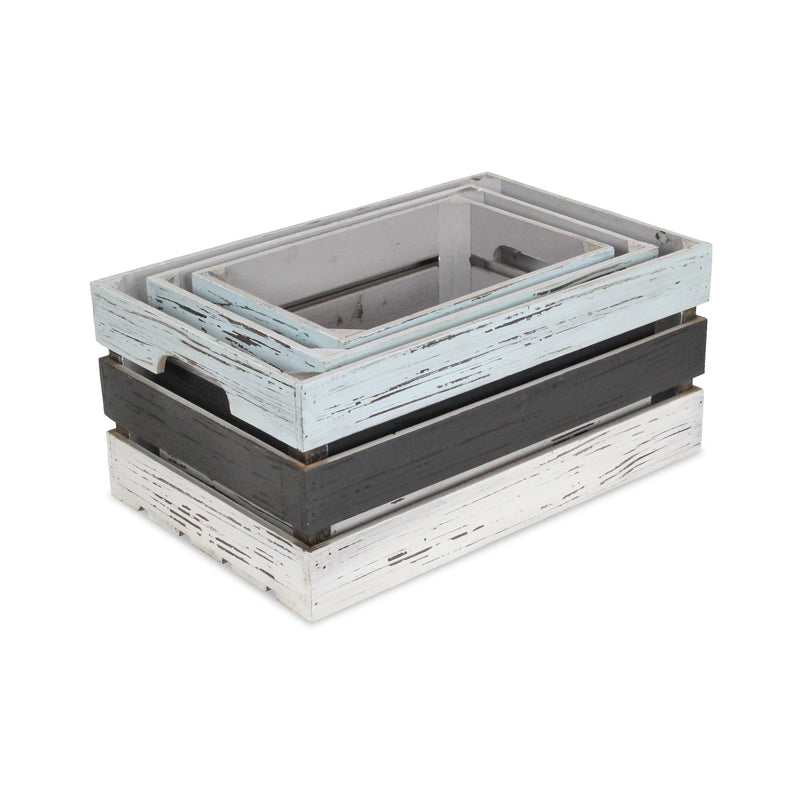 Set of Three Black Light Blue And Off White Nesting Solid Wood Crate Homeroots Office