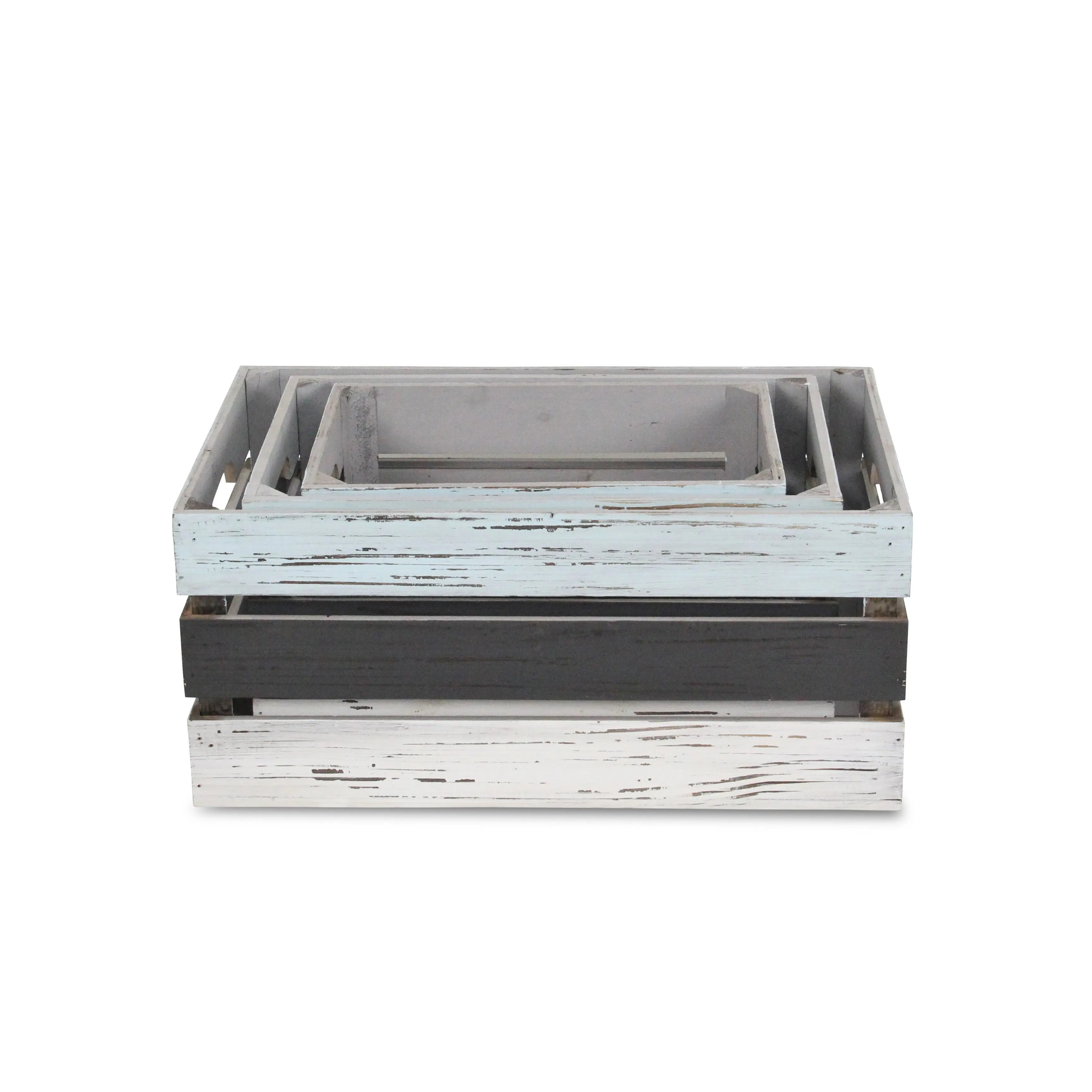 Set of Three Black Light Blue And Off White Nesting Solid Wood Crate Homeroots Office