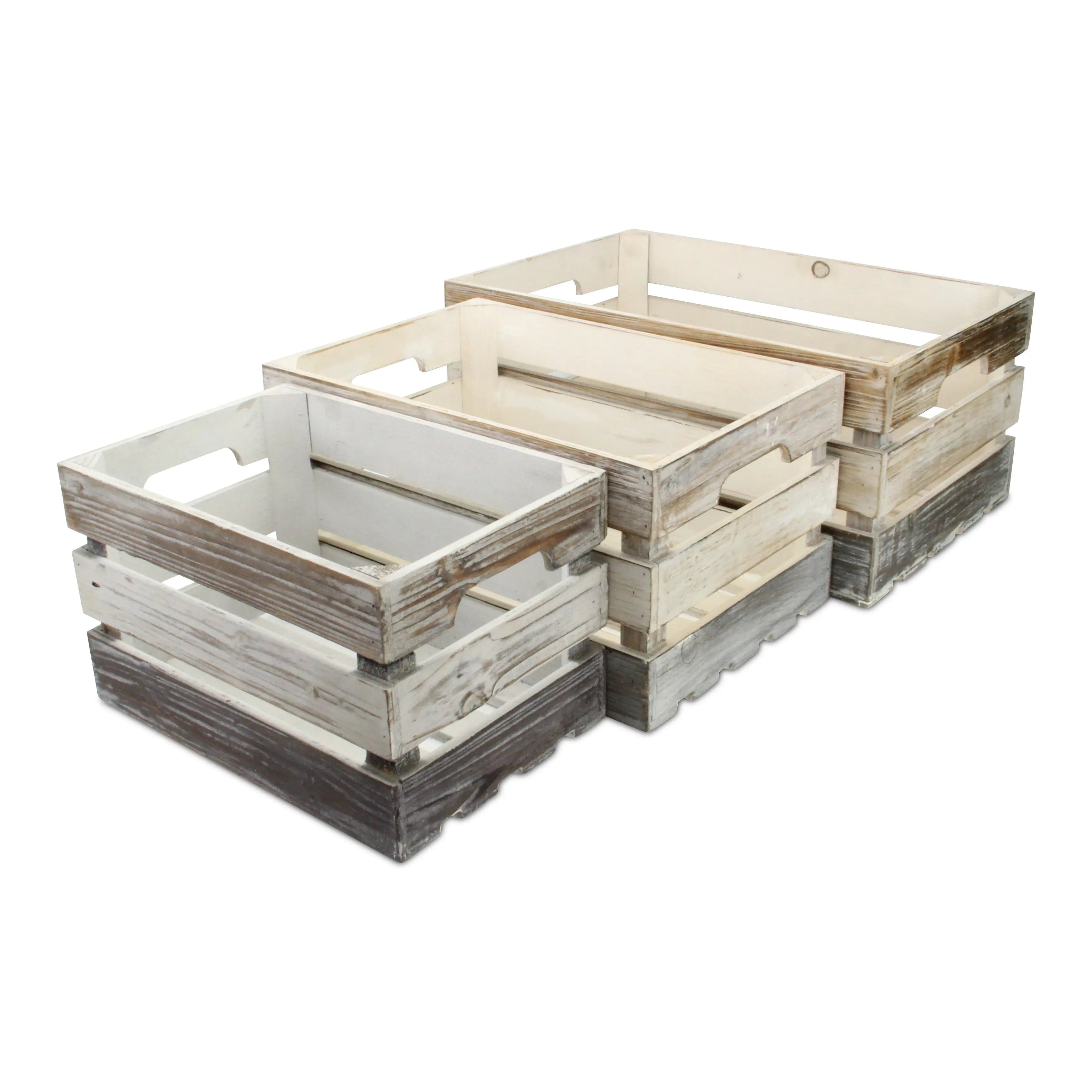 Set of Three Black Off White And Walnut Nesting Solid Wood Crate Homeroots Office
