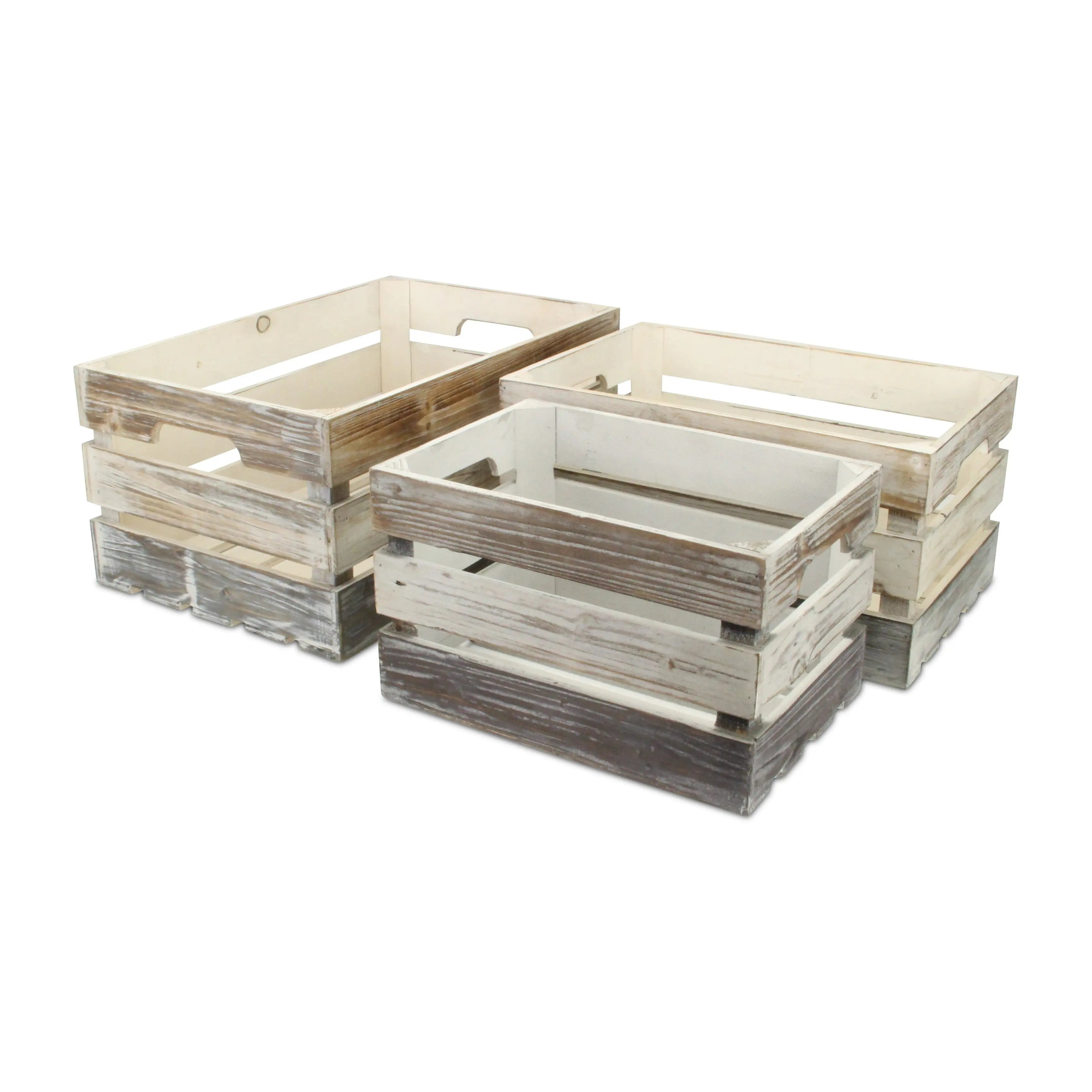 Set of Three Black Off White And Walnut Nesting Solid Wood Crate Homeroots Office