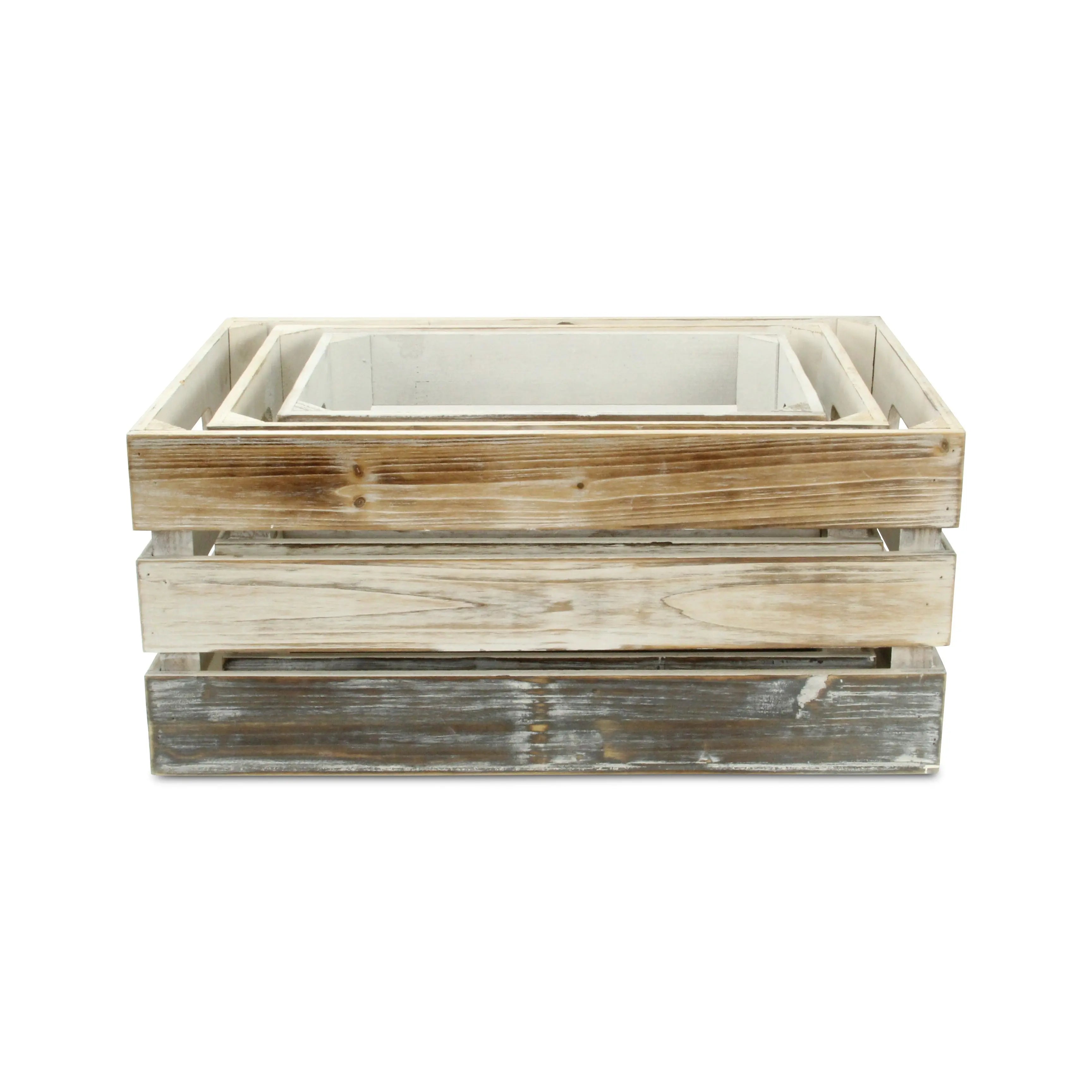 Set of Three Black Off White And Walnut Nesting Solid Wood Crate Homeroots Office