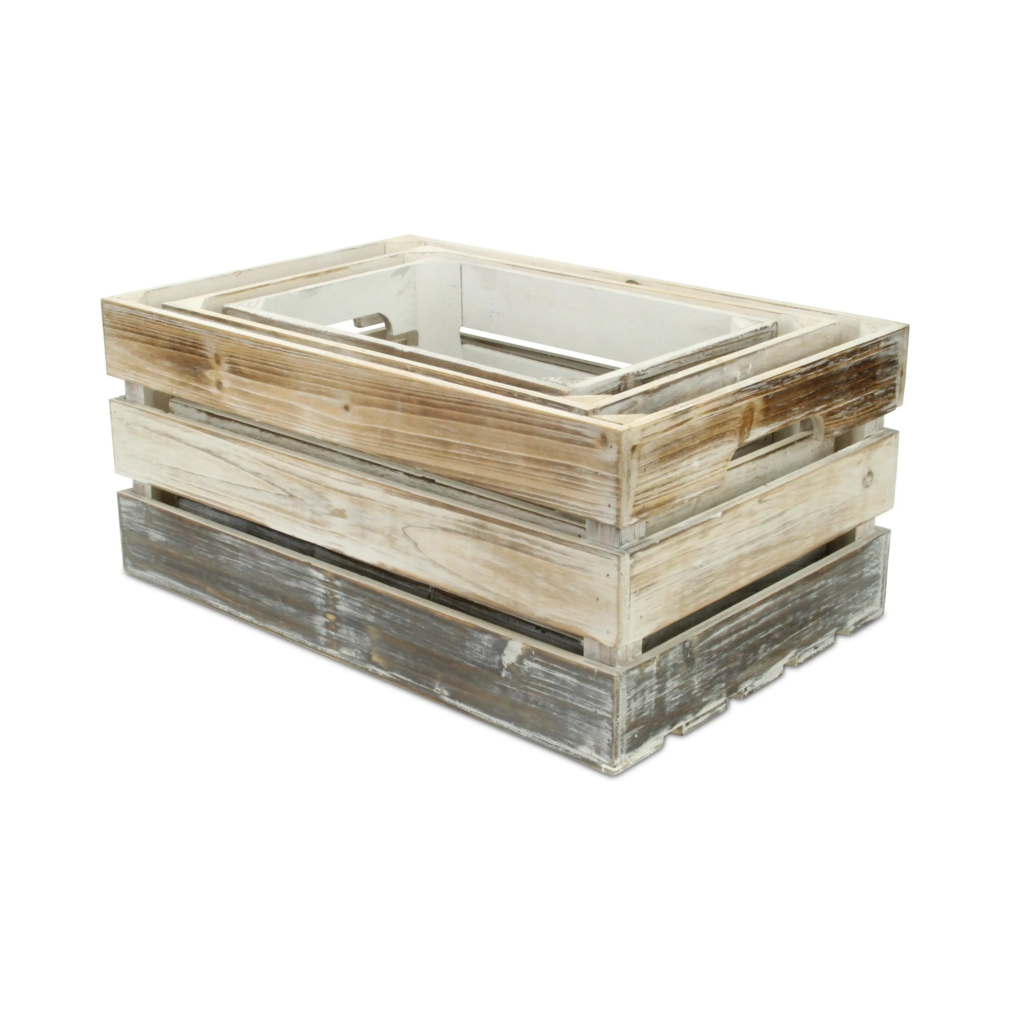 Set of Three Black Off White And Walnut Nesting Solid Wood Crate Homeroots Office