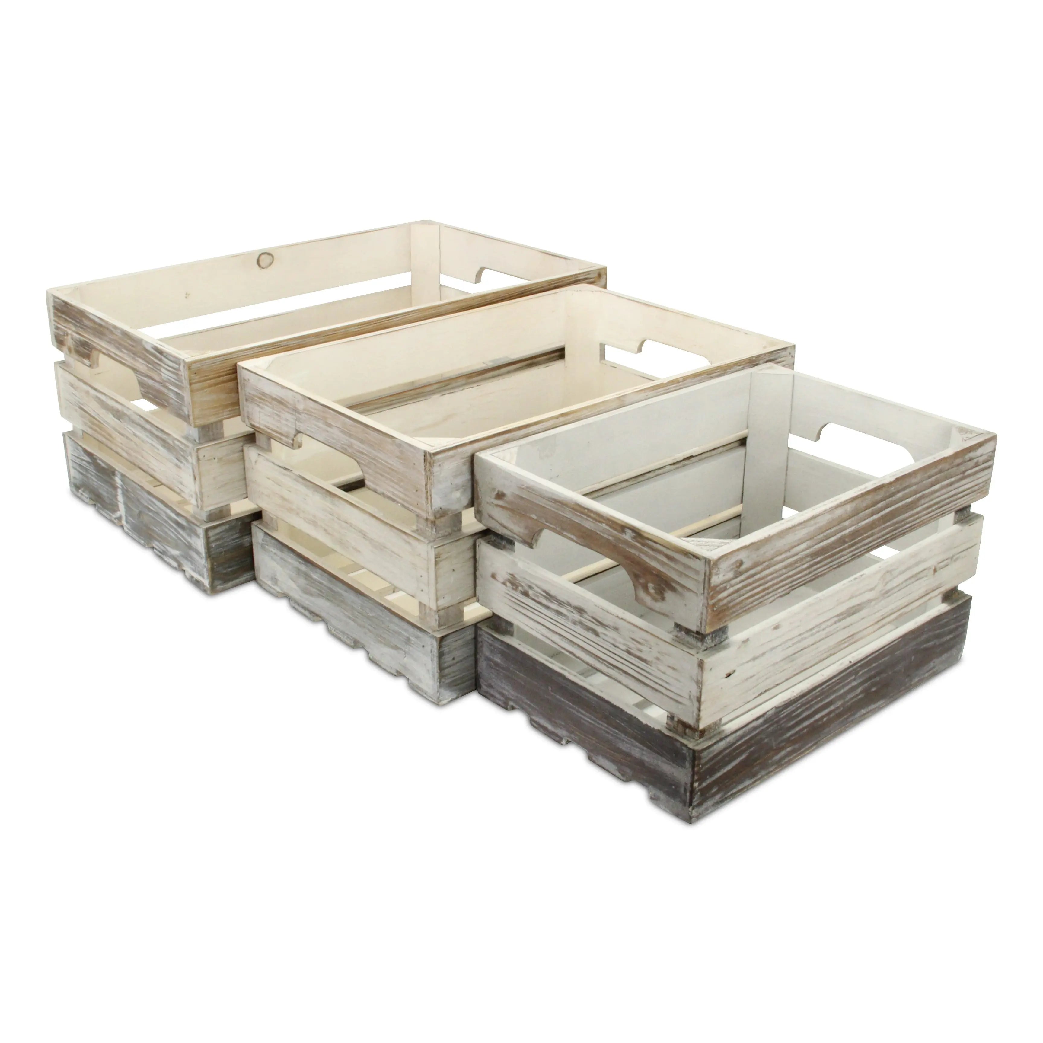 Set of Three Black Off White And Walnut Nesting Solid Wood Crate Homeroots Office