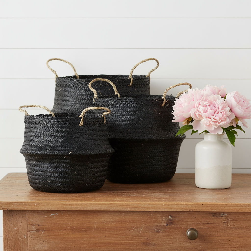 Set of Three Black Wicker Basket - GreatEagleInc