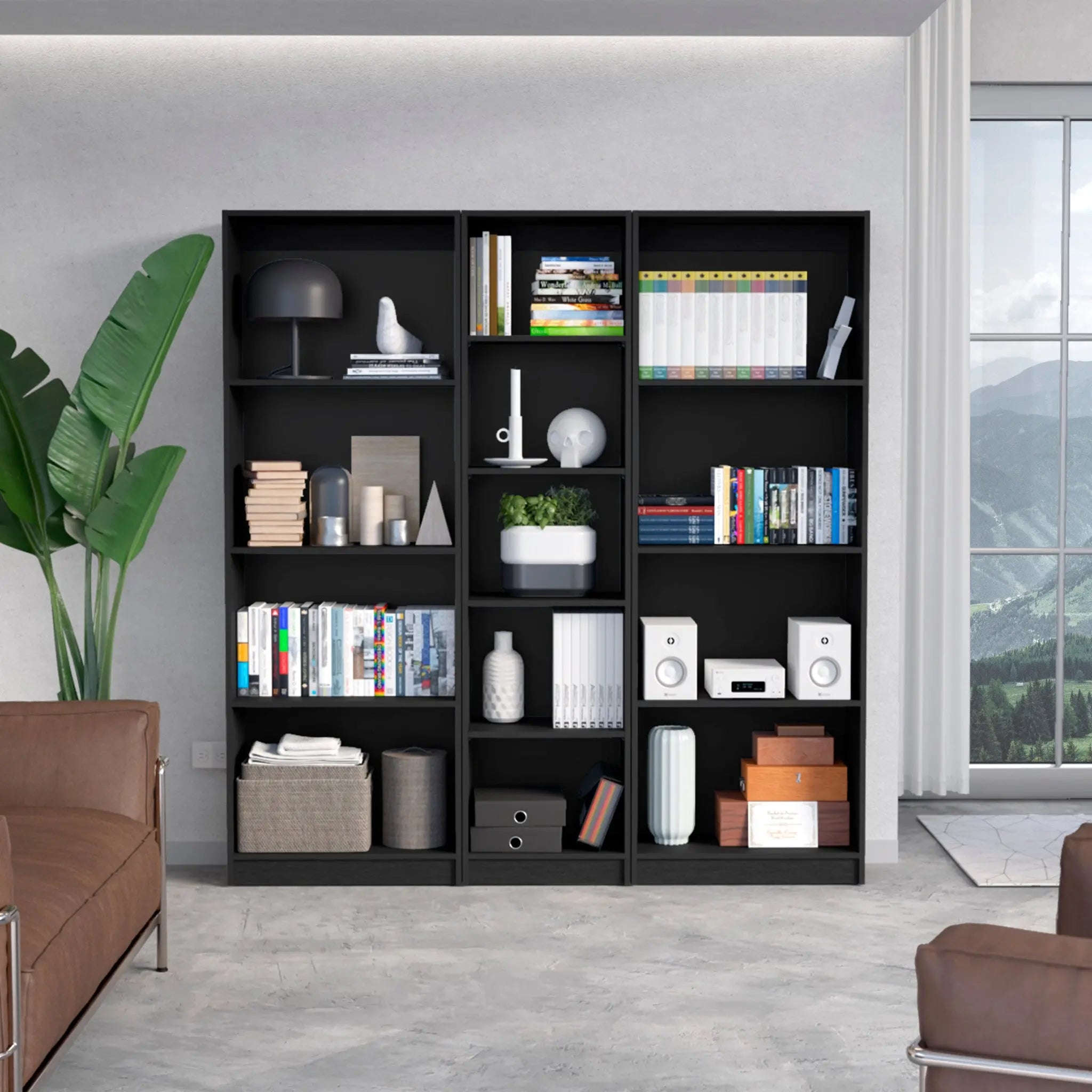 Set of Three Black Wood Five Tier Bookcase Homeroots Office