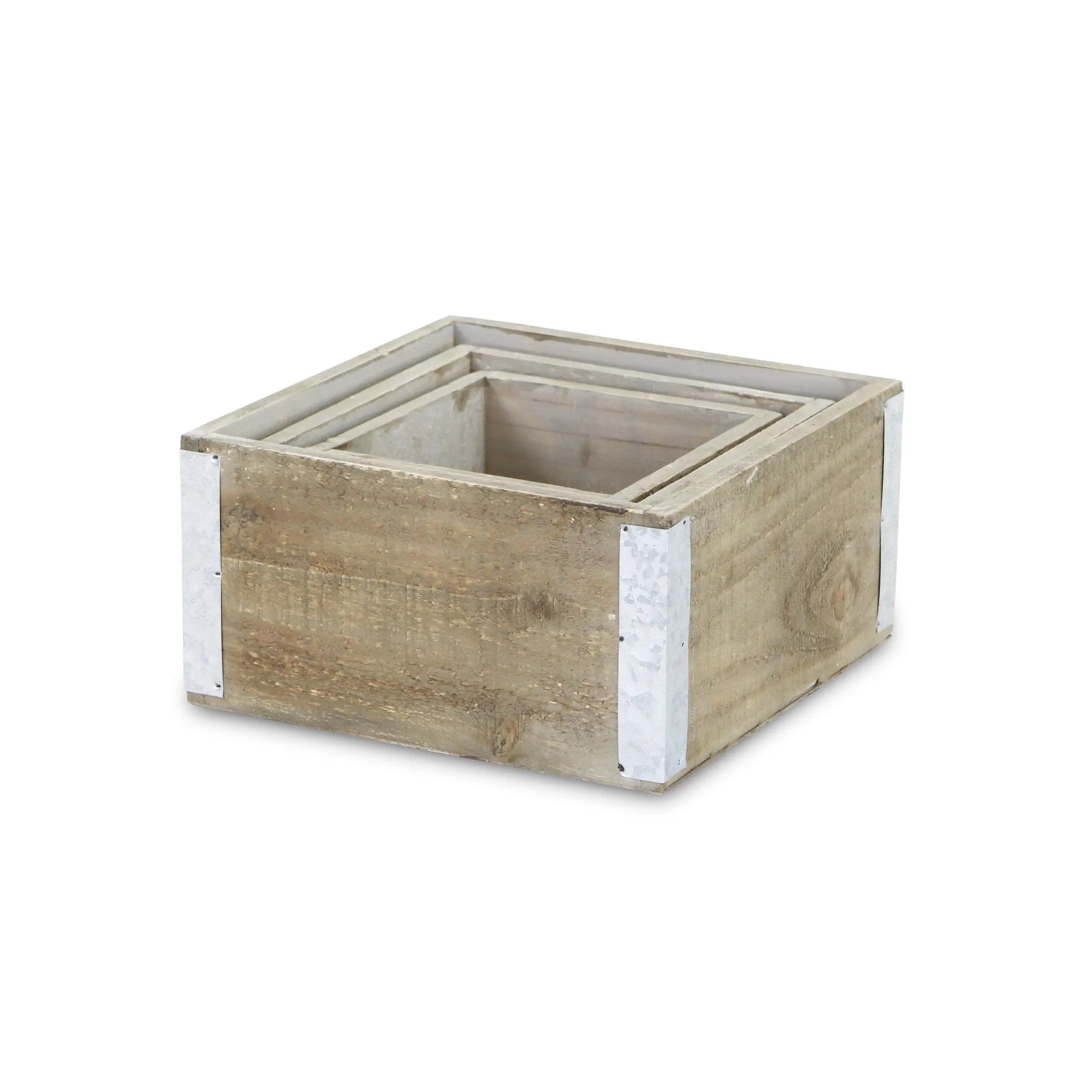 Set of Three Brown Nesting Solid Wood And Metal Crate Homeroots Office