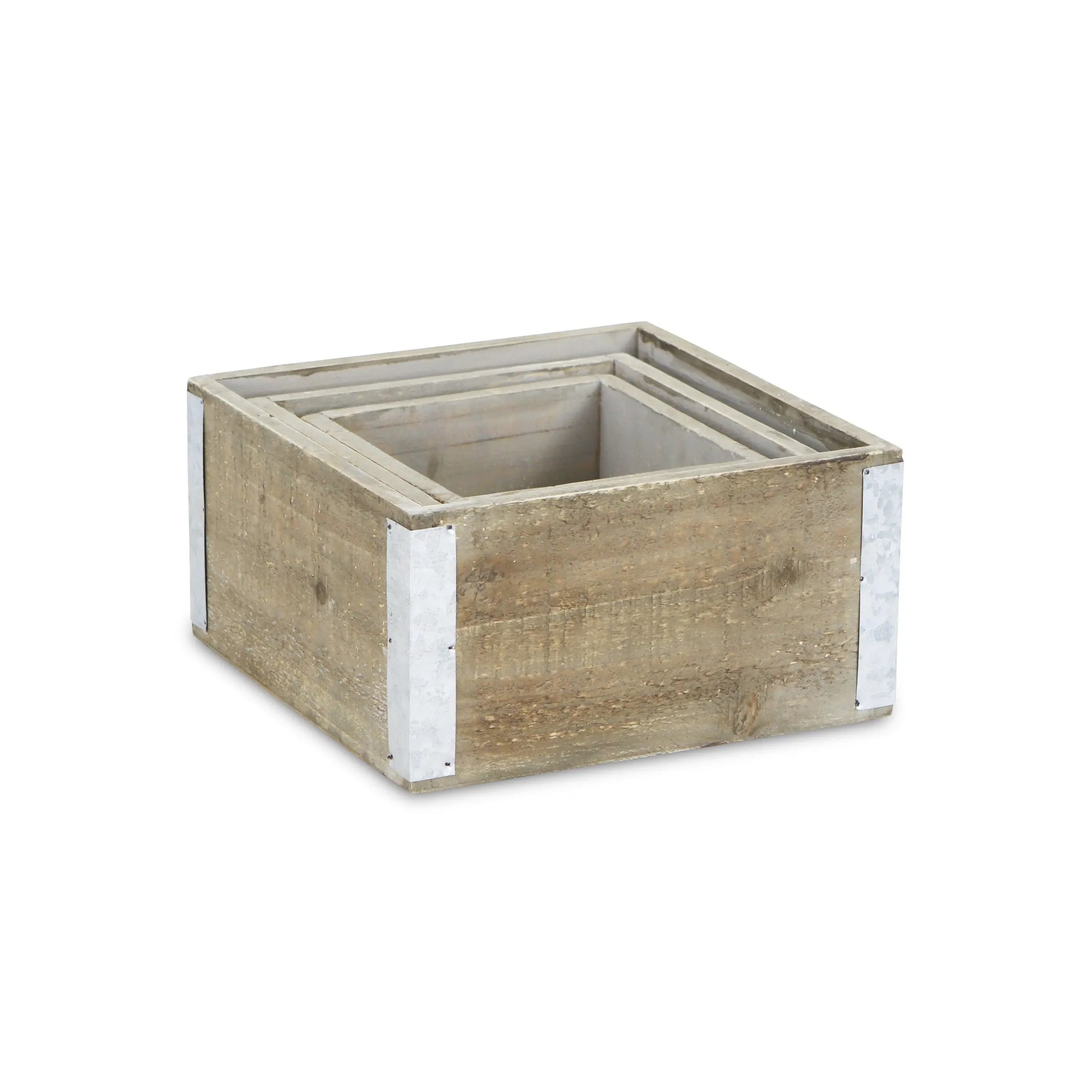 Set of Three Brown Nesting Solid Wood And Metal Crate Homeroots Office