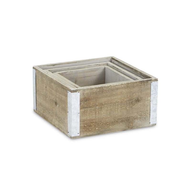 Set of Three Brown Nesting Solid Wood And Metal Crate Homeroots Office