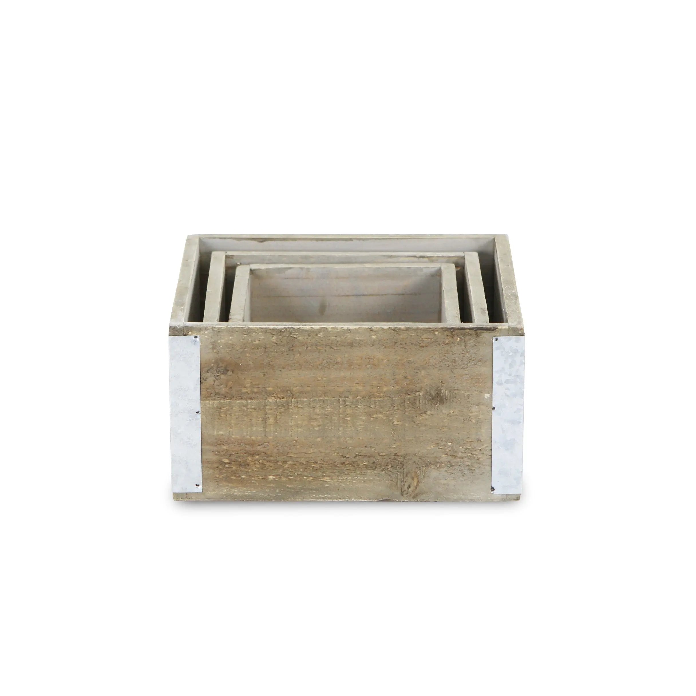 Set of Three Brown Nesting Solid Wood And Metal Crate Homeroots Office