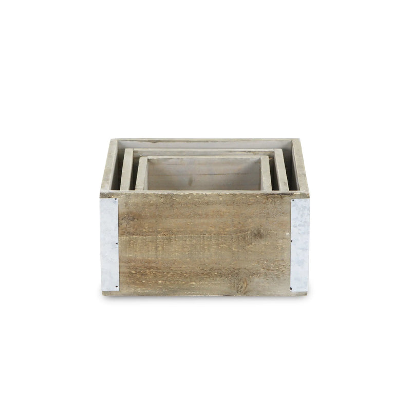 Set of Three Brown Nesting Solid Wood And Metal Crate Homeroots Office